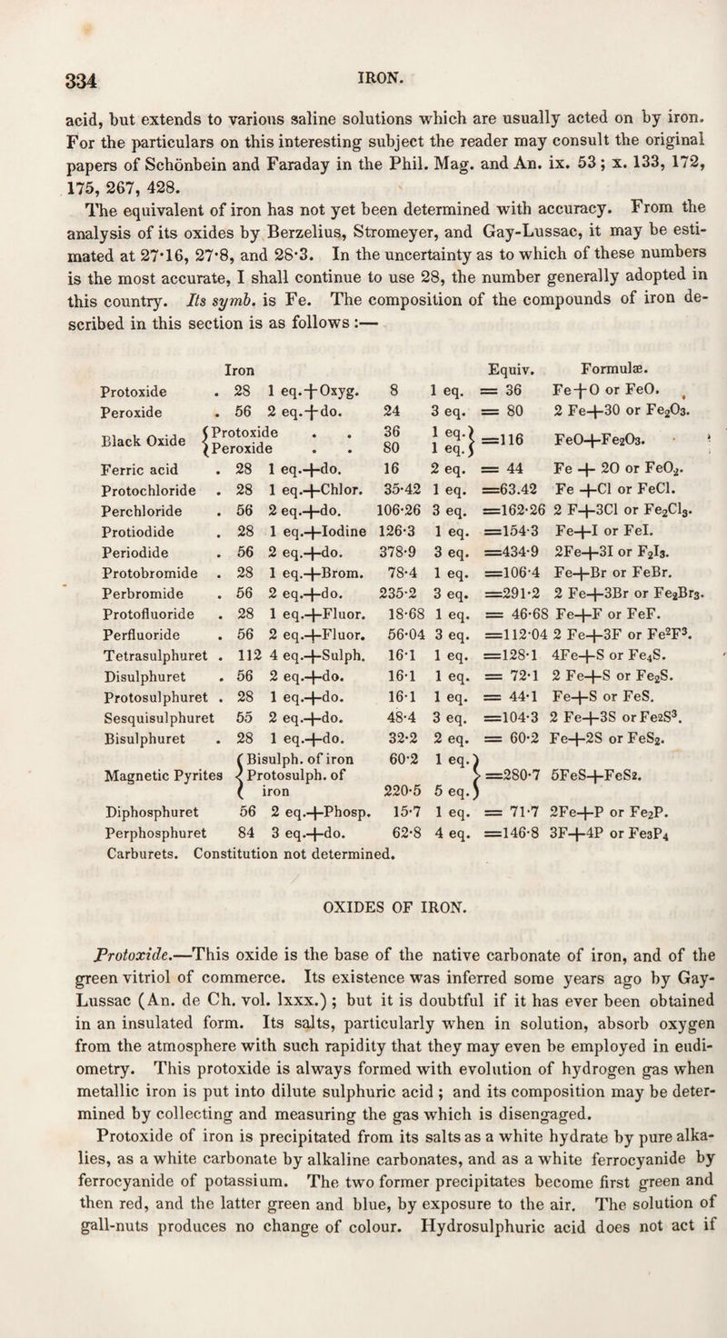 acid, but extends to various saline solutions which are usually acted on by iron. For the particulars on this interesting subject the reader may consult the original papers of Schonbein and Faraday in the Phil. Mag. and An. ix. 53; x. 133, 172, 175, 267, 428. The equivalent of iron has not yet been determined with accuracy. From the analysis of its oxides by Berzelius, Stromeyer, and Gay-Lussac, it may be esti¬ mated at 27*16, 27*8, and 28*3. In the uncertainty as to which of these numbers is the most accurate, I shall continue to use 28, the number generally adopted in this country. Its symb. is Fe. The composition of the compounds of iron de¬ scribed in this section is as follows :— Iron Equiv. Formulae. Protoxide • 28 1 eq.-f-Oxyg. 8 1 eq. = 36 Fe-}-0 or FeO. Peroxide . 56 2 eq.-j-do. 24 3 eq. = 80 2 Fe-f-30 or Fe203. Black Oxide | Protoxide Peroxide 36 80 1 eq.) _116 1 eq.f FeO-f-Fe203. Ferric acid • 28 1 eq.-f-do. 16 2 eq. = 44 Fe -f- 20 or Fe02. Protochloride • 28 1 eq.-f-Chlor. 35-42 1 eq. =63.42 Fe -f-Cl or FeCl. Perchloride • 56 2 eq.-pdo. 106-26 3 eq. =162-26 2 F-f-3Cl or Fe2Cl3. Protiodide • 28 1 eq.-f-Iodine 126-3 1 eq. =154-3 Fe-f-I or Fel. Periodide • 56 2 eq.-f-do. 378-9 3 eq. =434-9 2Fe-f-3I or F2l3. Protobromide • 28 1 eq.-|-Brom. 78-4 1 eq. =106-4 Fe+Br or FeBr. Perbromide • 56 2 eq.-f-do. 235-2 3 eq. =291-2 2 Fe-f-3Br or Fe2Br3. Protofluoride • 28 1 eq.-f-Fluor. 18-68 1 eq. = 46-68 Fe-f-F or FeF. Perfluoride • 56 2 eq.-j-Fluor. 56-04 3 eq. =112-04 2 Fe+3F or Fe2F3. Tetrasulphuret • 112 4 eq.-f-Sulph. 16-1 1 eq. =128-1 4Fe+S or Fe4S. Disulphuret • 56 2 eq.-}-do. 16-1 1 eq. = 72-1 2 Fe-f-S or Fe2S. Protosulphuret • 28 1 eq.-f-do. 16-1 1 eq. = 44-1 Fe-j-S or FeS. Sesquisulphuret 55 2 eq.-f-do. 48-4 3 eq. =104-3 2 Fe-f-3S or Fe2S3. Bisulphuret • 28 1 eq.-f-do. 32-2 2 eq. = 60-2 Fe—J—2S or FeS2. Magnetic Pyrites ( Bisulph. of iron < Protosulph. of ( iron 60-2 220-5 1 eq. 1 \ =280-7 5 eq.) 5FeS-f-FeS2. Diphosphuret 56 2 eq.+Phosp. 15-7 1 eq. = 71-7 2Fe-j-P or Fe2P. Perphosphuret 84 3 cq*—do* 62-8 4 eq. =146-8 3F-f-4P or Fe3P4 Carburets. Constitution not determined. OXIDES OF IRON. Protoxide.—This oxide is the base of the native carbonate of iron, and of the green vitriol of commerce. Its existence was inferred some years ago by Gay- Lussac (An. de Ch. vol. lxxx.) ; but it is doubtful if it has ever been obtained in an insulated form. Its salts, particularly when in solution, absorb oxygen from the atmosphere with such rapidity that they may even be employed in eudi- ometry. This protoxide is always formed with evolution of hydrogen gas when metallic iron is put into dilute sulphuric acid ; and its composition may be deter¬ mined by collecting and measuring the gas which is disengaged. Protoxide of iron is precipitated from its salts as a white hydrate by pure alka¬ lies, as a white carbonate by alkaline carbonates, and as a white ferrocyanide by ferrocyanide of potassium. The two former precipitates become first green and then red, and the latter green and blue, by exposure to the air. The solution of gall-nuts produces no change of colour. Hydrosulphuric acid does not act if