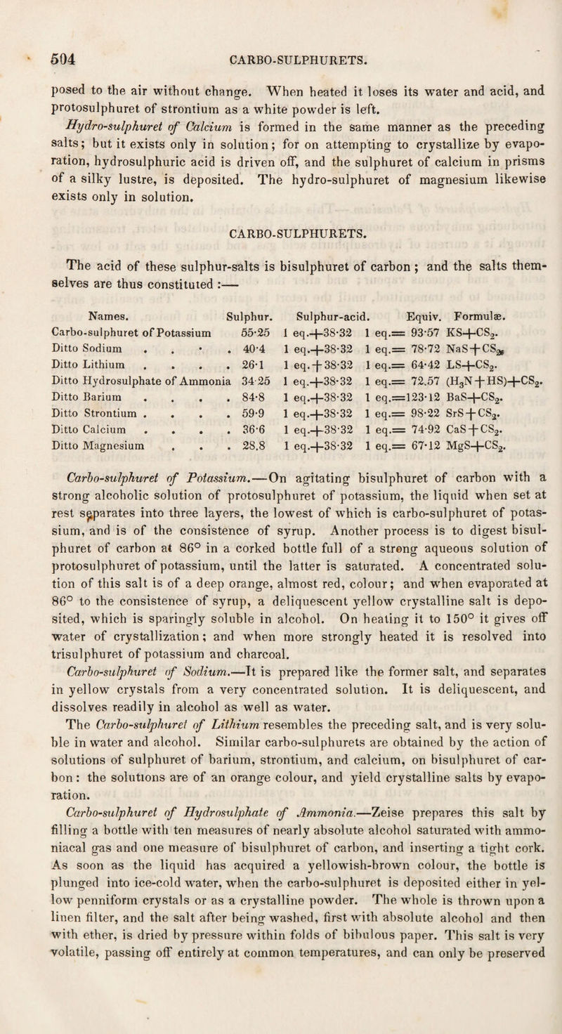 posed to the air without change. When heated it loses its water and acid, and protosulphuret. of strontium as a white powder is left. Hydro-sulphuret of Calcium is formed in the same manner as the preceding salts; but it exists only in solution; for on attempting to crystallize by evapo¬ ration, hydrosulphuric acid is driven off, and the sulphuret of calcium in prisms of a silky lustre, is deposited. The hydro-sulphuret of magnesium likewise exists only in solution. CARBO-SULPHURETS. The acid of these sulphur-salts is bisulphuret of carbon ; and the salts them¬ selves are thus constituted :— Names. Sulphur. Sulphur-acid. Equiv. Formulae. Carbo-sulphuret of Potassium 55-25 1 eq.-j-38-32 1 eq.= 93-57 KS4-CS2. Ditto Sodium • 40-4 1 eq.+38*32 1 eq.= 78-72 NaS + CS^ Ditto Lithium • 26-1 1 eq.-j- 38-32 1 eq.= 64-42 LS+CS2. Ditto Hydrosulphate of Ammonia 34 25 1 eq.4-38-32 1 eq.= 72.57 (H3N -p HS)-j-CS2. Ditto Barium • 84-8 1 eq.+38-32 1 eq,= 123-12 BaS+CS2. Ditto Strontium . • 59-9 1 eq.+38-32 1 eq.= 98-22 SrS-f-CS2. Ditto Calcium • 36-6 1 eq.+38-32 1 eq.= : 74-92 CaS-pCS2. Ditto Magnesium • 28.8 1 eq.-f-38-32 1 eq.= ; 67*12 MgS+CS2. Carbo-sulphuret of Potassium.—On agitating bisulphuret of carbon with a strong alcoholic solution of protosulphuret of potassium, the liquid when set at rest separates into three layers, the lowest of which is carbo-sulphuret of potas¬ sium, and is of the consistence of syrup. Another process is to digest bisul¬ phuret of carbon at 86° in a corked bottle full of a strong aqueous solution of protosulphuret of potassium, until the latter is saturated. A concentrated solu¬ tion of this salt is of a deep orange, almost red, colour; and when evaporated at 86° to the consistence of syrup, a deliquescent yellow crystalline salt is depo¬ sited, which is sparingly soluble in alcohol. On heating it to 150° it gives off water of crystallization; and when more strongly heated it is resolved into trisulphuret of potassium and charcoal. Carbo-sulphuret of Sodium.—It is prepared like the former salt, and separates in yellow crystals from a very concentrated solution. It is deliquescent, and dissolves readily in alcohol as well as water. The Carbo-sulphuret of Lithium resembles the preceding salt, and is very solu¬ ble in water and alcohol. Similar carbo-sulphurets are obtained by the action of solutions of sulphuret of barium, strontium, and calcium, on bisulphuret of car¬ bon : the solutions are of an orange colour, and yield crystalline salts by evapo¬ ration. Carbo-sulphuret of Hydrosulphate of Ammonia.—Zeise prepares this salt by filling a bottle with ten measures of nearly absolute alcohol saturated with ammo- niacal gas and one measure of bisulphuret of carbon, and inserting a tight cork. As soon as the liquid has acquired a yellowish-bnrwn colour, the bottle is plunged into ice-cold water, when the carbo-sulphuret is deposited either in yel¬ low penniform crystals or as a crystalline powder. The whole is thrown upon a linen filter, and the salt after being washed, first with absolute alcohol and then with ether, is dried by pressure within folds of bibulous paper. This salt is very volatile, passing off entirely at common temperatures, and can only be preserved