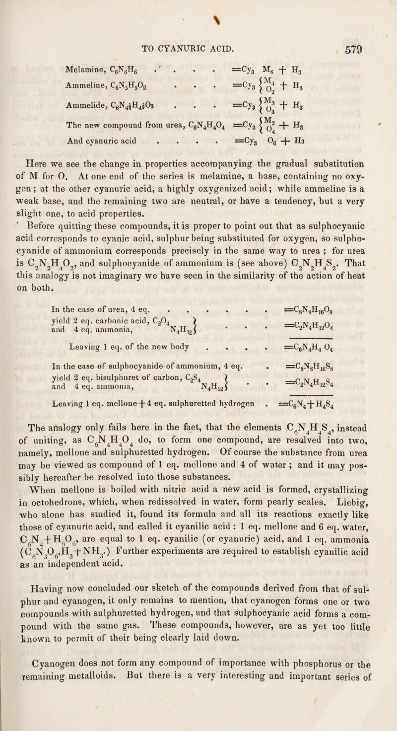\ TO CYANURIC ACID. 579 Melamine, C6N6H6 .' . . =Cy3 M6 -f- H3 Ammeline, C6N-Hg02 . . . =Cy3 T H3 Ammelide, C6N4|H4£03 . . . ='Cy3 j -f- H3 (M The new compound from urea, C6N4H404 =Cy3 | q2 -f- Hs And cyanuric acid .... =Cy3 06 -|- H3 Here we see the change in properties accompanying the gradual substitution of M for 0. At one end of the series is melamine, a base, containing no oxy¬ gen; at the other cyanuric acid, a highly oxygenized acid; while ammeline is a weak base, and the remaining two are neutral, or have a tendency, but a very slight one, to acid properties. Before quitting these compounds, it is proper to point out that as sulphocyanic acid corresponds to cyanic acid, sulphur being substituted for oxygen, so sulpho- cyanide of ammonium corresponds precisely in the same way to urea ; for urea is C2N2Hi02, and sulphocyanide of ammonium is (see above) C2N2H4S2< That this analogy is not imaginary we have seen in the similarity of the action of heat on both. In the case of urea, 4 eq. yield 2 eq. carbonic acid, C204 and 4 eq. ammonia, N4H12 —C8NsH1608 =c2n4h12o4 Leaving 1 eq. of the new body =c6n4h4 o4 In the case of sulphocyanide of ammonium, 4 eq. yield 2 eq. bisulphuret of carbon, C2S4 > and 4 eq. ammonia, N4B12) =C8NsH16S8 =c2n4h12s4 Leaving 1 eq. mellone-j~4 eq. sulphuretted hydrogen . =C6N4-j~H4S4 The analogy only fails here in the fact, that the elements C6N4H4S4, instead of uniting, as CgN4H404 do, to form one compound, are resolved into two, namely, mellone and sulphuretted hydrogen. Of course the substance from urea may be viewed as compound of 1 eq. mellone and 4 of water; and it may pos¬ sibly hereafter be resolved into those substances. When mellone is boiled with nitric acid a new acid is formed, crystallizing in octohedrons, which, when redissolved in water, form pearly scales. Liebig, who alone has studied it, found its formula and all its reactions exactly like those of cyanuric acid, and called it cyanilic acid : 1 eq. mellone and 6 eq. water, C N4+H606, are equal to I eq. cyanilic (or cyanuric) acid, and 1 eq. ammonia (C6N3Og,H3tNH3.) Further experiments are required to establish cyanilic acid as an independent acid. Having now concluded our sketch of the compounds derived from that of sul¬ phur and cyanogen, it only remains to mention, that cyanogen forms one or two compounds with sulphuretted hydrogen, and that sulphocyanic acid forms a com¬ pound with the same gas. These compounds, however, are as yet too little known to permit of their being clearly laid down. Cyanogen does not form any compound of importance with phosphorus or the remaining metalloids. But there is a very interesting and important series of