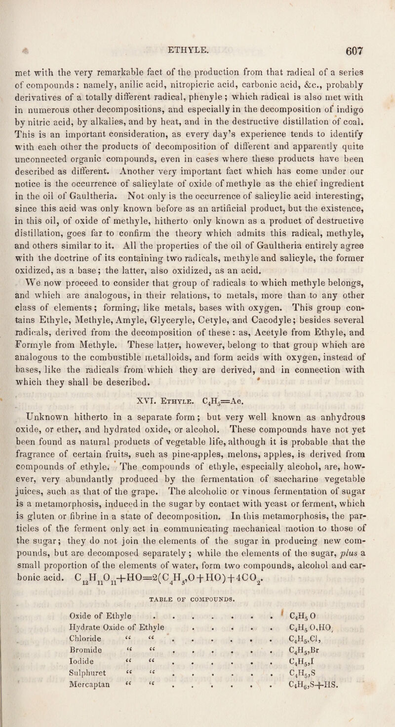 met with, the very remarkable fact of the production from that Tadical of a series of compounds : namely, anilic acid, nitropicric acid, carbonic acid, &c., probably derivatives of a totally different radical, phenyle ; which radical is also met with in numerous other decompositions, and especially in the decomposition of indigo by nitric acid, by alkalies, and by heat, and in the destructive distillation of coal. This is an important consideration, as every day’s experience tends to identify with each other the products of decomposition of different and apparently quite unconnected organic compounds, even in cases where these products have been described as different. Another very important fact which has come under our notice is the occurrence of salicylate of oxide of methyle as the chief ingredient in the oil of Gaultheria. Not only is the occurrence of salicylic acid interesting, since this acid was only known before as an artificial product, but the existence, in this oil, of oxide of methyle, hitherto only known as a product of destructive distillation, goes far to confirm the theory which admits this radical, methyle, and others similar to it. All the properties of the oil of Gaultheria entirely agree with the doctrine of its containing two radicals, methyle and salicyle, the former oxidized, as a base; the latter, also oxidized, as an acid. We now proceed to consider that group of radicals to which methyle belongs, and which are analogous, in their relations, to metals, more than to any other class of elements; forming, like metals, bases with oxygen. This group con¬ tains Ethyle, Methyle, Amyle, Glyceryle, Cetyle, and Cacodyle; besides several radicals, derived from the decomposition of these: as, Acetyle from Ethyle, and Formyle from Methyle. These latter, however, belong to that group which are analogous to the combustible metalloids, and form acids with oxygen, instead of bases, like the radicals from which they are derived, and in connection with which they shall be described. XVI. Ethyle. C4H5=Ae. Unknown hitherto in a separate form ; but very well known as anhydrous oxide, or ether, and hydrated oxide, or alcohol. These compounds have not yet been found as natural products of vegetable life, although it is probable that the fragrance of certain fruits, such as pine-apples, melons, apples, is derived from compounds of ethyle. The compounds of ethyle, especially alcohol, are, how¬ ever, very abundantly produced by the fermentation of saccharine vegetable juices, such as that of the grape. The alcoholic or vinous fermentation of sugar is a metamorphosis, induced in the sugar by contact with yeast or ferment, which is gluten or fibrine in a state of decomposition. In this metamorphosis, the par¬ ticles of the ferment only act in communicating mechanical motion to those of the sugar; they do not join the elements of the sugar in producing new com¬ pounds, but are decomposed separately ; while the elements of the sugar, plus a small proportion of the elements of water, form two compounds, alcohol and car¬ bonic acid. C12Hii0n4-H0=2(C4H(.,0-fH0)t4C02. Oxide of Ethyle TABLE OF • • COMPOUNDS. • . 1 C4H5 0 Hydrate Oxide of Ethyle • C4H5 0,110, Chloride <e <« • . C4H5,C1, Bromide <c a • . C4H5,Br Iodide (e <( • . C4H6,I Sulphuret cc a • . c4h5,s Mercaptan e( <c • C4H6,S-1-HS.