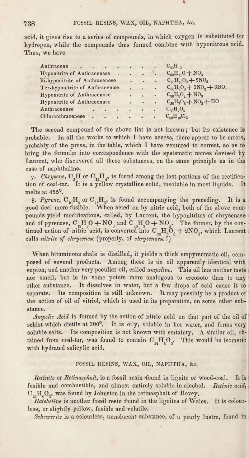 It 738 FOSSIL RESINS, WAX, OIL, NAPHTHA, &c. acid, it gives rise to a series of compounds, in which oxygen is substituted for hydrogen, while the compounds thus formed combine with hyponitrous acid. Thus, we have Anthracene .... Hyponitrite of Anthracenase Bi-hyponitrite of Anthracenese Ter-hyponitrite of Anthracenise Hyponitrite of Anthracenose Hyponitrite of Anthracenuse Anthracenuse Chloranthracenese 0 The second compound of the above list is not known; but its existence is probable. In all the works to which I have access, there appear to be errors, probably of the press, in the table, which I have ventured to correct, so as to bring the formulae into correspondence with the systematic names devised by Laurent, who discovered all these substances, on the same principle as in the case of naphthaline. y. Chrysene, C3H or C12H4, is found among the last portions of the rectifica¬ tion of coal-tar. It is a yellow crystalline solid, insoluble in most liquids. It melts at 455°. g. Pyrene, C1QH2 or C15H3, is found accompanying the preceding. It is a good deal more fusible. When acted on by nitric acid, both of the above com¬ pounds yield modifications, called, by Laurent, the hyponitrites of chrysenase and of pyrenase, Ci2H30 + N03 and C15H20 -f- N03. The former, by the con¬ tinued action of nitric acid, is converted into C H 0. -f- 2N0_, which Laurent calls nitrite of chrysenese (properly, of chrysenaese When bituminous shale is distilled, it yields a thick empyreumatic oil, com¬ posed of several products. Among these is an oil apparently identical wTith eupion, and another very peculiar oil, called ampeline. This oil has neither taste nor smell, but is in some points more analogous to creosote than to any other substance. It dissolves in water, but a few drops of acid cause it to separate. Its composition is still unknown. It may possibly be a product of the action of oil of vitriol, which is used in its preparation, on some other sub¬ stance. Jlmpelic Mid is formed by the action of nitric acid on that part of the oil of schist which distils at 300°. It is oily, soluble in hot water, and forms very soluble salts. Its composition is not known with certainty. A similar oil, ob¬ tained from coal-tar, was found to contain C, HH.. This would be isomeric with hydrated salicylic acid. FOSSIL RESINS, WAX, OIL, NAPHTHA, &c. Retinite or Retinasphalt, is a fossil resin ^ound in lignite or wood-coal. It is fusible and combustible, and almost entirely soluble in alcohol. Retinic acid, c21h9o3, was found by Johnston in the retinasphalt of Bovey. Hatehetine is another fossil resin found in the lignites of Wales. It is colour¬ less, or slightly yellow, fusible and volatile. Scheererite is a colourless, translucent substance, of a pearly lustre, found in 30 12 c30huo + no3 C30Hi0O2 + 2NO3 CS0H9O3+3NO3 + 3HO. ^30^8^4 + N°3 C3oH705-f-N03 + HO c30h7o5 CUH.XL