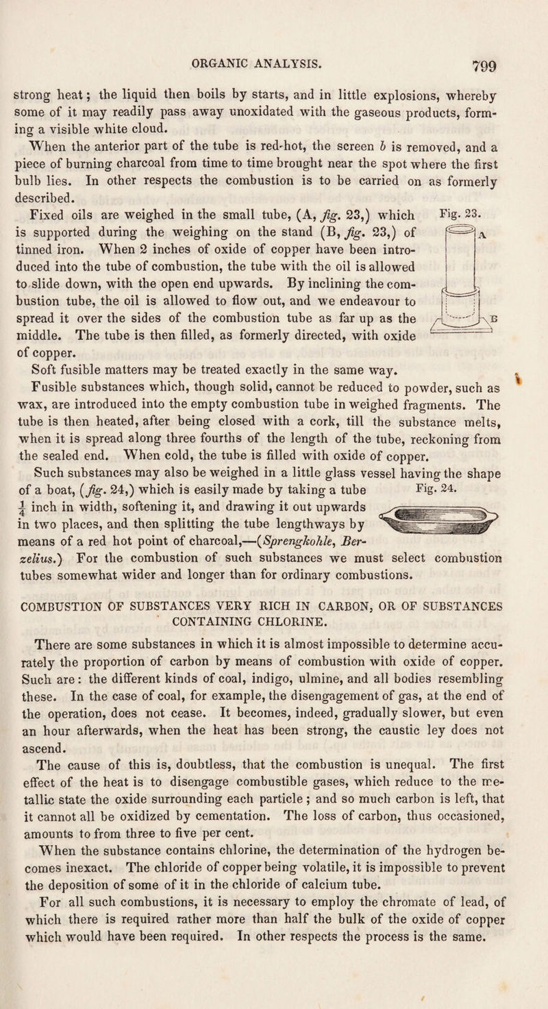 strong heat; the liquid then boils by starts, and in little explosions, whereby some of it may readily pass away unoxidated with the gaseous products, form¬ ing a visible white cloud. When the anterior part of the tube is red-hot, the screen b is removed, and a piece of burning charcoal from time to time brought near the spot where the first bulb lies. In other respects the combustion is to be carried on as formerly described. Fixed oils are weighed in the small tube, (A, Jig, 23,) which Fig- 23. is supported during the weighing on the stand (B, Jig. 23,) of tinned iron. When 2 inches of oxide of copper have been intro¬ duced into the tube of combustion, the tube with the oil is allowed to slide down, with the open end upwards. By inclining the com¬ bustion tube, the oil is allowed to flow out, and we endeavour to spread it over the sides of the combustion tube as far up as the middle. The tube is then filled, as formerly directed, with oxide of copper. Soft fusible matters may be treated exactly in the same way. Fusible substances which, though solid, cannot be reduced to powder, such as wax, are introduced into the empty combustion tube in weighed fragments. The tube is then heated, after being closed with a cork, till the substance melts, when it is spread along three fourths of the length of the tube, reckoning from the sealed end. When cold, the tube is filled with oxide of copper. Such substances may also be weighed in a little glass vessel having the shape of a boat, (Jig. 24,) which is easily made by taking a tube Fig. 24. A inch in width, softening it, and drawing it out upwards in two places, and then splitting the tube lengthways by means of a red hot point of charcoal,—(Sprengkohle, Ber¬ zelius.) For the combustion of such substances we must select combustion tubes somewhat wider and longer than for ordinary combustions. COMBUSTION OF SUBSTANCES VERY RICH IN CARBON, OR OF SUBSTANCES CONTAINING CHLORINE. There are some substances in which it is almost impossible to determine accu¬ rately the proportion of carbon by means of combustion with oxide of copper. Such are: the different kinds of coal, indigo, ulmine, and all bodies resembling these. In the case of coal, for example, the disengagement of gas, at the end of the operation, does not cease. It becomes, indeed, gradually slower, but even an hour afterwards, when the heat has been strong, the caustic ley does not ascend. The cause of this is, doubtless, that the combustion is unequal. The first effect of the heat is to disengage combustible gases, which reduce to the me¬ tallic state the oxide surrounding each particle ; and so much carbon is left, that it cannot all be oxidized by cementation. The loss of carbon, thus occasioned, amounts to from three to five per cent. When the substance contains chlorine, the determination of the hydrogen be¬ comes inexact. The chloride of copper being volatile, it is impossible to prevent the deposition of some of it in the chloride of calcium tube. For all such combustions, it is necessary to employ the chromate of lead, of which there is required rather more than half the bulk of the oxide of copper which would have been required. In other respects the process is the same.