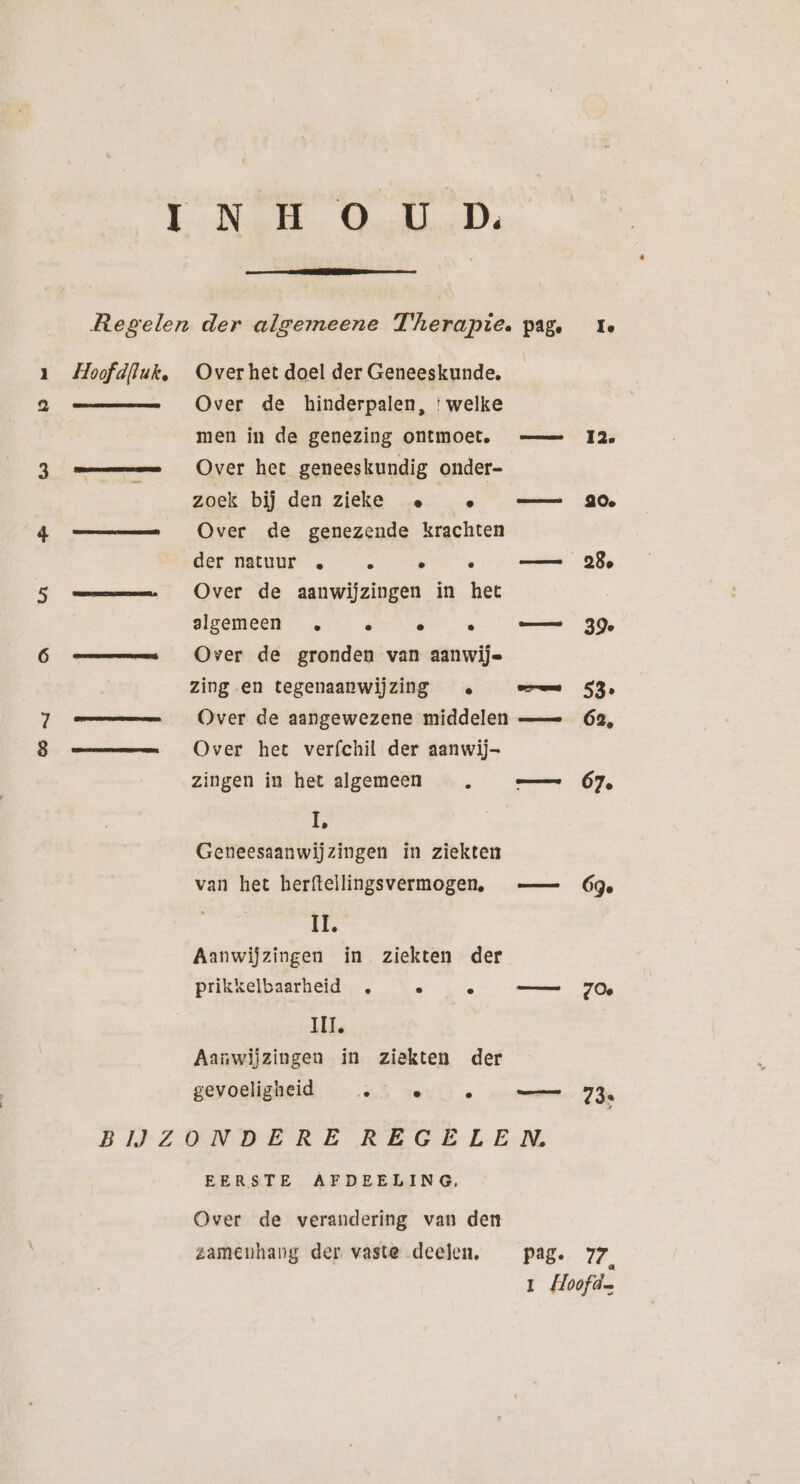 Hoofd[luk. JEN Over het doel der Geneeskunde. Over de hinderpalen, ' welke men in de genezing ontmoet. Over het geneeskundig onder- zoek bij den zieke ». ^. Over de genezende krachten der natuur .  . . Over de aanwijzingen in het algemeen . . e . Over de gronden van aanwije zing en tegenaanwijzing . Over de aangewezene middelen Over het verfchil der aanwij- zingen in het algemeen .  Geneesaanwijzingen in ziekten van het herftellingsvermogen, lI. Aanwijzingen in ziekten der prikkelbaarheid . . . III. Aanwijzingen in ziekten der gevoeligheid € T  rt) EERSTE AFDEELING, Over de verandering van den zamenhang der vaste deelen, Ie I2. 20. 28, 39e 53° 62, 67. 69. Zoe 77 a