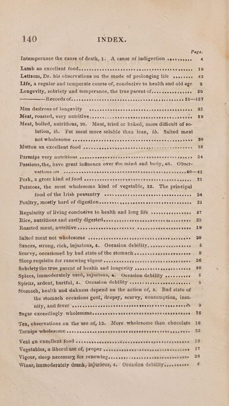 Intemperance the cause of death, 1; A cause of indigestion esescecese Lamb an excellent f00d..ncecconccccetecs sos covers 50esesssss oeeces Lettsom, Dr. his observations on the mode of prolonging life seseroce Life, a regular and temperate course of, conducive to health and old age Longevity, sobriety and temperance, the true parent Of.cesccevccceccer Man Gesirons.of longevity cc.cccrcssccccnvctececssupcosascoeueones (05 Meat, roasted, very nutritive... ceicsacccsswWoospcecastvecescescosenne. (29 Meat, boiled, nutritious, 20. Meat, fried or baked, more difficult of so-_ lution, 24. Fat meat more soluble than lean, ib. Salted meat NOt WholesoMe cecacscecensennescsvorsencesevescsessssenevees 20 Mutton anvexcellent faonu.sticcte vecetes panes ceite ees came == ewes Le Parsnips very nutritious ccconceeccessccoossecessesconeescsoressensas 2h Passions, the, have great influence over the mind and body, 40. Obser- j vations 0nN ..ses- werrrrerTrrrrrrrvrrrrrrirerrrrr rrr er rir rry ie &amp; | Pork, a gross kind Of 00d cccccscccccnecenaerncosescesenscesstewses: 22 Potatoes, the most wholesome kind of vegetable, 23. The principal food of the Irish peasantry cescceccevsnncvccnessscacceesesces 24 Poultry, mostly hard of digestion.sccccsscesecosvesocccergvesssevsese 21 Regularity of living conduéive to health and long life ssssseevecsecese 37 Rice, nutritious and easily digested sesscessecrveeccccssvsesaereeseuse 22 Roasted meat, nutritive cooorccsvvovecessoesne sonssavcecvesseoseves AD Salted meat mot Wholesome cevoeercescveccscenarccnsscesssecessesss 20 Sauces, strong, rich, injurious, 4. Occasion debility, eosevecesesvsece Scurvy, oecasioned by bad state of the stomach eosecerecocenesccerere Sleep requisite for renewing VigOUr cocseesescrsnecesscsossreceserasves 26 Sobriety the true parent of health and longevity seecssssersesesscesere 50 Spices, immoderately used, injurious, 4. Occasion debility secscessse § Spirits, ardent, hurtful, 4. Occasion debility ..ecssesevccccevecceeees 5 Stomach, health and siekness depend on the action of, 8. Bad state of the stomach occasions gout, dropsy, scurvy, consumption, insa- Nify, ANG TEVEL eovcscccccesesvccecnsepoocerucveressusesoueesds 9 Sugar exceedingly wWholesOMe€sosenscesersvensregecserccscenveccsocs 25 Tea, observations on the use of, 12. More wholesome than chocolate 16 Turnips WholesOMe cooconedreecs eee Fee ReOd DELCO EO EDEL EHE perc oben 20 Veal an excellent £00d sersssccvescpevescisnocsesccevasescccesesesen 29 Vegetables, a liberal use of, proper cessssevacoverecssseverceeeressene 17 Vigour, sleep necessary, for TENEWINGeecaseecrcvecrssccnansesscossene 26 § Wines, immoderately drank, injurious, 4. Occasion debilityeressesvre 4 19 42 2 50