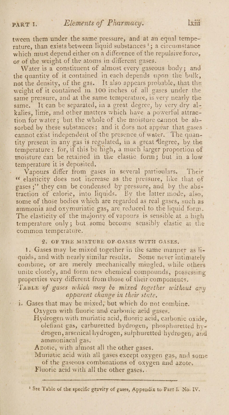 tween them under the same pressure, and at an equal tempe- rature, than exists between liquid substances '; a circumstance which must depend either on a difference of the repulsive force, or of the weight of the atoms in different gases. Water is a constituent of almost every gaseous body; and the quantity of it contained in each depends upon the bulk, not the density, of the gas. It also appears probable, that the weight of it contained m 100 inches of all gases under the saine pressure, and.at the same temperature, 18 very nearly the same. It can be separated, in a great degree, by very a al- kalies, lime, and other matters which have a powerful attrac- tion for water; but the whole of the moisture cannot be ab- sorbed by these substances; and it does not appear that gases cannot exist independent of the presence of water. The quan- tity present in any gas 1s regulated, in a great “legree, by the temperature: for, 1 if this be “high, a much larger proportion of moisture can be retained in the elastic form ; but in alow temperature it is deposited, Vapours differ from gases in several particulars. Their ee elasticity does not increase as the pressure, like that of gases ;’” they can be condensed by pressure, and by the abs- traction of ealoric, into liquids. By the latter mode, also, some of those bodies which are regarded as real gases, ack as ammonia and oxymuriatic gas, are reduced to the liquid form, The elasticity of the majority of vapours is sensible at a high temperature only; but some become sensibly elastic at the common temperature. 2. OF THE MIXTURE OF-GASES WITH GASES, . Gases may be mixed together in the same manner as li- cae , and with nearly similar results. Some never intimately eombine, or are merely mechanically mingled, while others unite closely, and form new chemical ‘compounds, possessing properties very different from those of their components. TapB_e of gases which may be mixed together without any apparent change in their state, 3. Gases that may be mixed, but which do not combine. Oxygen with fluoric and carbonic acid gases. Hydrogen with muriatic acid, fluoric acid, carbonic oxide, olefiant gas, carburetted hydrogen, phosphuretted hy- drogen, arsenical hydrogen, sulphuretted hydrogen, and ammoniacal gas. | Azotic, with almost all the other gases. Mauriatic acid with all gases except oxygen gas, and some of the gaseous combinations of oxygen and azoles Fluoric acid with all the other gases. . a a