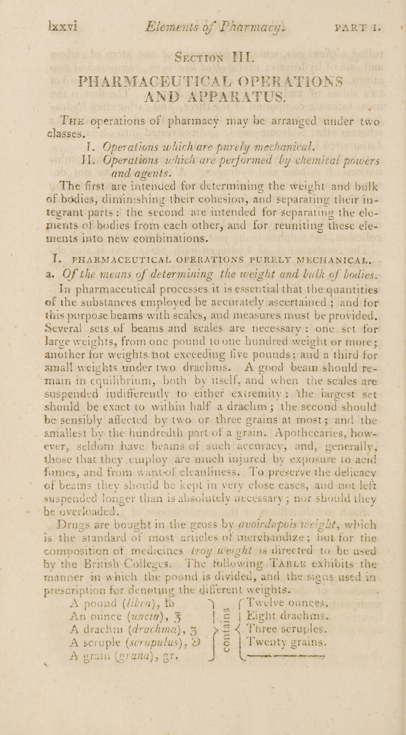 Secrron ELT. PHARMACEUTICAL OPERATIONS AND APPARATUS. THE operations of pharmacy may be arranged under two classes. I. Operations which are purely mechanical. II. Operations which are performed by chemicai powers and agents. — The first are tatended for determining the weight and bulk of bodies, diminishing their cohesion, and separating their in- teprant patts': : the second are intended for separating the ele- ments of bodies from each other, and for reuniting these ele- ments into new combinations. T. PHARMACEUTICAL OPERATIONS PURELY MECHANICAL, Of the means of determining the weight and bulk of bodies. In pharmaceutical processes it 1s essential that the quantities of the substances employed be accurately ascertamed 3 and for this purpose beams with scales, and measures must be provided, several sets of beams and scales are necessary: one set for large weights, from one pound to one hundred weight or more; another for weights not exceeding five pounds; and a third for small weights under two drachms. A good beain should re- main 1p equilibrium, both by itself, and when the scales are suspended indifferently to either exiremity: ‘the largest set should be exact to within half a drachm; the second should be sensibly affected. by two or three erains at most; and the amallest by the hundredth part-of a grain. Apothecaries, how- ever, seldom have beams of such ac curacy, and, generally, those that they employ are much injured by exposure to acid fames, and from wantof cleanliness. To preserve the delicacy of beains they should be kept in very close cases, and not left suspended longer than is absolutely necessary ; nor should they be overloaded. Drugs are bought in the gross by avoire depois weight, which is the standard of most articles of merehandize ; feet Gi the composition of medicines troy weight is chrected to be used by the British Colleges. The, following Tapiy exhibits the manner m which the pound is divided, and the sigus used in prescription for denoting the different weights. A pound (libra), tb \ ., £ Pwelve ounces, An ounce (uncra), 3 | cs | Eight drachms. A drachm (drachma), 5 s Three scruples. A scruple (scrupulus), 9 | S | Twenty grains.