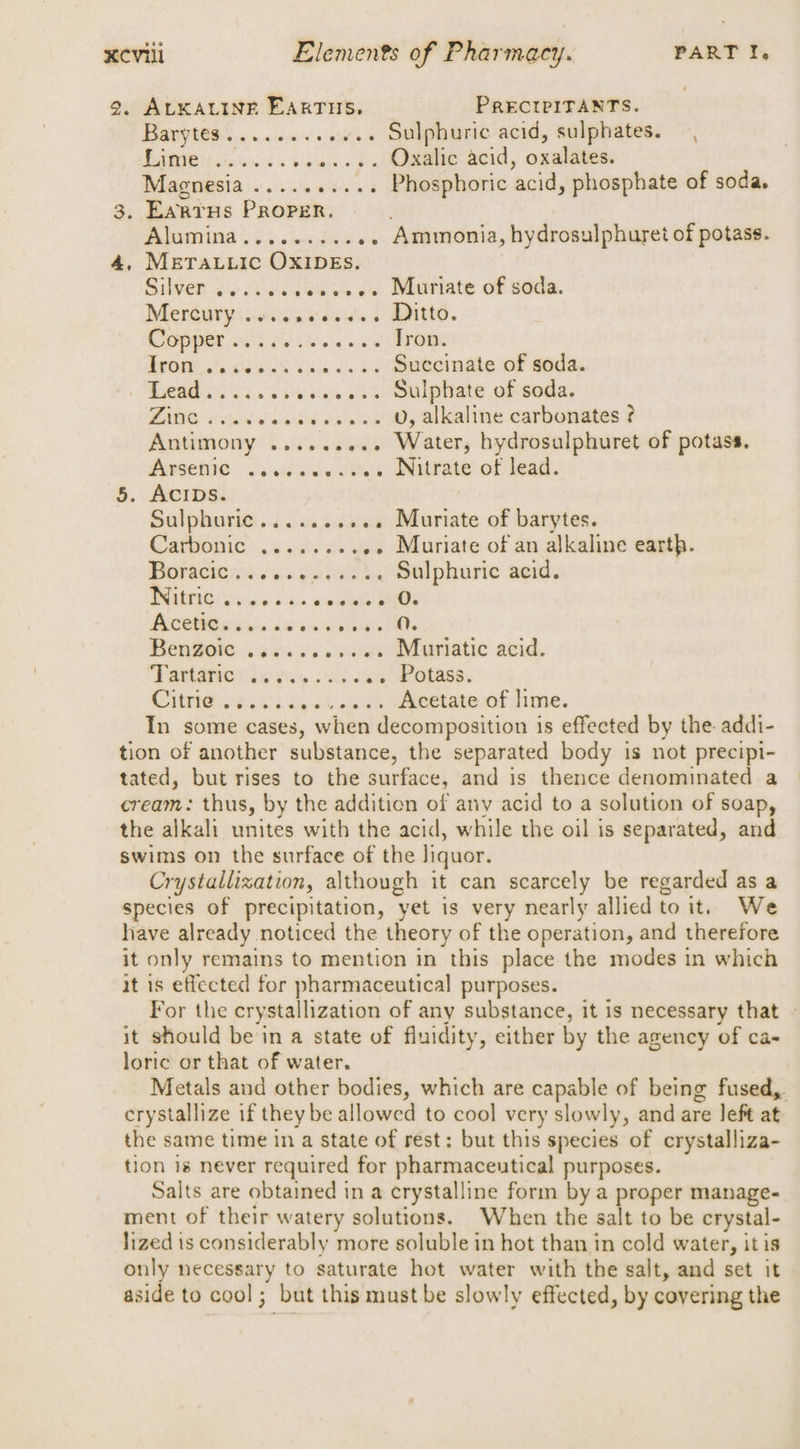 2. ALKALINE EARTHS, PRECIPITANTS. a ..«.+ Sulphuric acid, sulphates. fimeios..i.s.0..3. mee seid, oxalates. Magnesia .......... Phosphoric acid, phosphate of soda. 3. Eartus PROPER. Alumina........... Ammonia, hydrosulphuret of potass. 4, METALLIC OXIDEs. Silver .¢.i veces. a0 Mutiate of soda. Mergurpinvisgaeis. «dante. S7OPOGE Ls ad OR From’ .'sieo-s sas sss 6 Succinate of soda. Vet so. eos 2 2 ulpbate of soda. FANG ce Sis 2 56 oo ess DD, alkaline carbonates ? Antimony ......... Water, hydrosulphuret of potass. Arsenite Voss dv ic Nitrate of lead. 5. ACIDS. Sulphuric.......... Muriate of barytes. Carbonic .......+..++ Muriate of an alkaline earth. Horace... opie 4d. Selphurie aend, BOG igo 33s win wate aN ROM shies bos eee Mh Bengoire .4-....+.0. Muriatic acid. PAMMiet is ey oo Hen) Potase. CUM cia ah oe eeetate of dime. In some cases, when decomposition is effected by the: addi- tion of another substance, the separated body is not precipi- tated, but rises to the surface, and is thence denominated a cream: thus, by the addition of any acid to a solution of soap, the alkali unites with the acid, while the oil is separated, and swims on the surface of the liquor. Crystallization, although it can scarcely be regarded as a species of precipitation, yet is very nearly allied to it. We have already noticed the theory of the operation, and therefore it only remains to mention in this place the modes in which it is effected for pharmaceutical purposes. For the crystallization of any substance, it is necessary that - it should be in a state of fluidity, either by the agency of ca- loric or that of water. Metals and other bodies, which are capable of being fused, crystallize if they be allowed to cool very slowly, and are left at the same time in a state of rest: but this species of crystalliza- tion is never required for pharmaceutical purposes. Salts are obtained in a crystalline form by a proper manage- ment of their watery solutions. When the salt to be crystal- lized 1s considerably more soluble in hot than in cold water, it is only necessary to saturate hot water with the salt, and set it aside to cool; but this must be slowly effected, by covering the