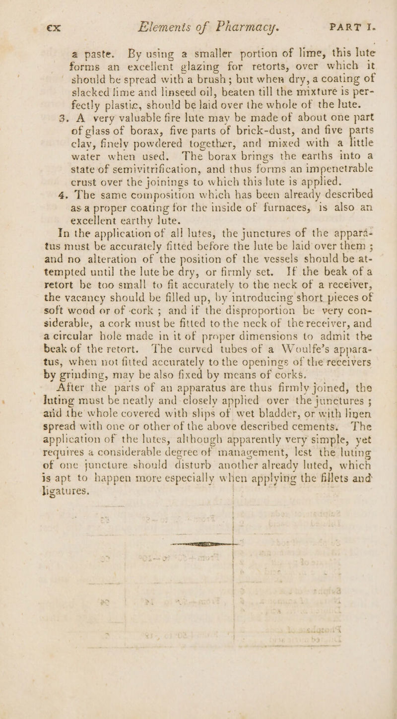 a paste. By using a smaller portion of lime, this lute forms an excellent glazing for retorts, over which it should be spread with a brush; but when dry, a coating of slacked lime and linseed oil, beaten till the mixture is per- fectly plastic, should be laid over the whole of the lute. 3. A very valuable fire lute may be made of about one part of glass of borax, five parts of brick-dust, and five parts clay, finely powdered together, and mixed with a hittle water when used. The borax brings the earths into a state of semivitrification, and thus forms an impenetrable crust over the joinings to which this lute is applied. 4. The same composition which has been already described as a proper coating for the inside of furnaces, 1s also an excellent earthy lute. ; In the application of all lutes, the junctures of the appara- tus must be accurately fitted before the Jute be laid over them ; and no alteration of the position of the vessels should be at- tempted until the lute be dry, or firmly set. If the beak of a retort be too small to fit accurately to the neck of a receiver, the vacancy should be filled up, by introducing short. pieces of soft wood or of -cork ; and if the disproportion be very con- siderable, a cork must be fitted tothe neck of the receiver, and a circular hole made in it of proper dimensions to admit the beak of the retort. The curved tubes of a Woulfe’s appara- tus, when not fitted accurately to the openings of the receivers by grinding, may be also fixed by means of corks. _ After the parts of an apparatus are thus firmly joined, the Juting must be neatly and-closely applied over the junctures ; arid the whole covered with slips of wet bladder, or with linen spread with one or other of the above described cements. The application of the lutes, although apparently very simple, yet requires a considerable degree of management, lest the luting of one juncture should disturb another already luted, which is apt to happen more especially when applying the fillets and ligatures. : |