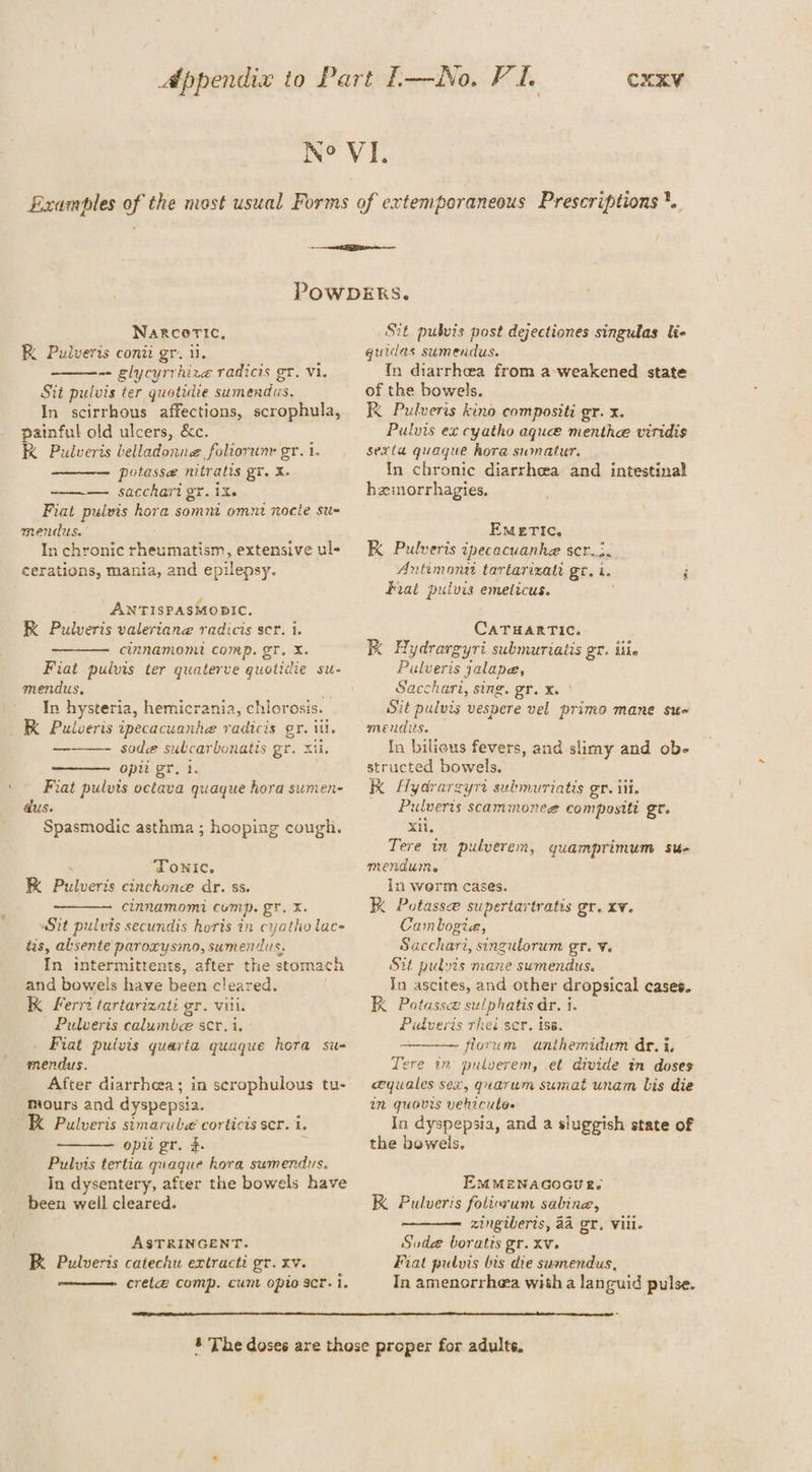 CXAV Narcoric, RK Pulverts conii gr. ii. -- glycyrrhize radicis gr, Vi. Sit pulvis ter quotidie sumerdus. In scirrhous affections, scrophula, painful old ulcers, &amp;c. K Pulveris belladonne foliorunr gr. 1. potasse nitratis gr. X. — sacchari gr. ix. Fiat pulvis hora somnt omni nocie su- men dus. In chronic rheumatism, extensive ul- cerations, mania, and epilepsy. ANTISPASMOBIC. K Pulveris valeriane radicis scr. 1. cimnamomt comp. gt. X. Fiat pulvis ter quaterve quotidie su- mendus, 4 In hysteria, hemicrania, chlorosis. RR Pulveris ipecacuanhe radicis gr. tt. sode@ sulcarbonatis gr. xii, opti gr. 1. ‘Fiat pulvts octava quaque hora sumen- dus. Spasmodic asthma ; hooping cough. Tonic. KK Pulveris cinchone dr. ss. cinnamomi Comp. ET. x. Sit pulvis secundis horis in cyatho lace tis, alsente paroxysmo, sumendus, In tntermittents, after the stomach and bowels have been cleared. K Ferri tartarizati gr. viii. Pulveris calumbee scr. i.’ Fiat putvis quarta quaque hora su- mendus. ‘Mours and dyspepsia. . Pulveris simarubé corticis scr. 1. ———. opit gr. . : Pulvis tertia quaque hora sumendus. In dysentery, after the bowels have been well cleared. ASTRINGENT. RK Pulverts catechu extracti gr. xv. crete comp. cunt opio scr. 1. Sit pubvis post dejectiones singulas lie quidas sumendus. In diarrhea from a-weakened state of the bowels. K Pulveris kino compositi gr. x. Pulvis ex cyatho aque menthe viridis sexta quaque hora swnatur. In chronic diarrhea and intestinal hzmorrhagies, EMETIC. K Pulveris ipecacuanhe scr.i. Antimonii tartarizatt gl. i. : Brat puivis emeticus. CATHARTIC. KK Bydravgyri submuriatis QT. iile Pulveris jalape, Sacchari, sing. gr. x. ' Sut pulvis vespere vel primo mane sue mendits. In bilious fevers, and slimy and ob- structed bowels. K Hydrarcyrt submuriatis gr. iii. Pulverts Scammones compositt gr. Xi, Tere in pulverem, quamprimum sue mendume — In werm cases. K Potasse supertartratis gr. xv. Cambogia, Sacchari, singulorum gr. v. Sit pulvrs mane sumendus. Jn ascites, and other dropsical cases. K Potassce sulphatis dr. i. Pidveris rhei ser. iss. florum anthemidum dr. i Tere 1m pulverem, et divide in doses equales sex, quarum sumat unam bis die mm quavis vehicules In dyspepsia, and a sluggish state of the bowels. EMMENAGOGUE. K Pulveris foliowum sabine, zingiberts, 24 gr, Vill. Sud@ boratis gr. xv. Fiat pulvis bis die sumendus, In amenorrhea witha languid pulse.