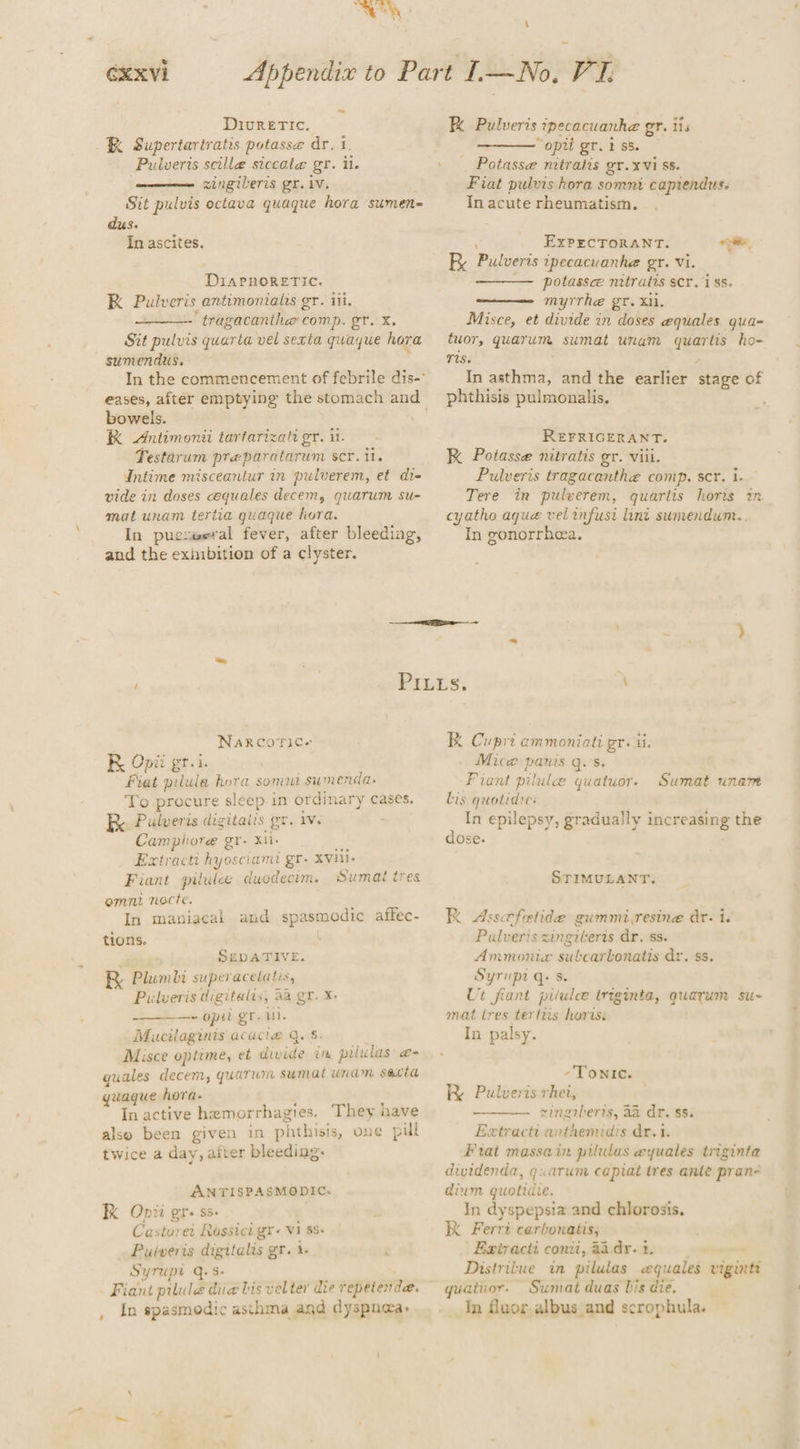 eA PR, = CEXVI Divureric. KK Supertartratis potasse dr. 1, Pulveris scille siccate@ gr. ii. zingiberis gr. iv. Sit pulvis octava quaque hora sumen- dus. In ascites. DiaPnoReETic. RK Pulveris antimonialis gr. iii. ‘tragacantha comp. gr. X. Sit pulvis quarta vel sexta quaque hora sumendus. In the commencement of febrile dis- eases, after emptying the stomach and bowels. . RK Antimonii tarfarizati gr. ii. Testarum preparatarum scr. ii. Intime misceantur in pulverem, et di- vide in doses equales decem, quarum su- mat unam tertia quaque hora. In puczweral fever, after bleeding, and the exhibition of a clyster. i K Pulveris ipecacuanhe gr. tis “opti gr. i ss. Potasse nitratis gr. xvi ss. Fiat pulvis hora somni capiendus. In acute rheumatism. ee + ‘ ExPECTORANT. R. Pulveris ipecacuanhe gr. vi. — potassee nitratis scr. i ss. myrrhe gr. xii. Misce, et divide in doses equales qua- tuor, quarum sumat unam quarlis ho- rts. . In asthma, and the earlier stage of phthisis pulmonalis, REFRIGERANT. K Potasse nitratis gr. viil. Pulveris tragacanthe comp. scr. i. Tere in pulwerem, quartis horis in cyatho aque vel infusi lint sumendum.. In gonorrhea. Narcorice RK Opii gr.i. : Fiat pilula hora somni sumenda- To procure sleep in ordinary cases. Pulveris digitalis gr. 1V. Camphore gr. Xi Bs Extractt hyosciami gr- Xvi. Fiant grilulce dwodecim. Sumat tres omni necte. In maniacal and spasmodic affec- tions. SEDATIVE. R, Plumbi superacetatis, Pulveris digitalis, aa gr. X- ea! opel gr. 1. Mucilaginis acacia q. §. Misce optime, et divide ie pilulas @- guales decem, quarum sumat unam sacta guaque hora- ; In active hemorrhages. They have also been given in phthisis, ove pill twice a day, aiter bleeding. ANTISPASMODIC. K Opii gr. ss : ; Castoret Rossict gr« Vi 85+ Puiveris digitalis gr. 1. : Syrupt q. s- In spasmodic asthma and dyspnea, RK Cupri emmoniati gr. ii. Mica panis q.'s. Fiant pilulee quatuor: Lis quotidre: : In epilepsy, gradually increasing the Ose- Sumat unam STIMULANT. K Asseofetide gummivresine dr. i. Pulveris singileris dr. ss. Ammonia sulbcartonatis dr. ss. Syriprt qs s. Ut fiant piiulee iriginta, quarum mat tires terhtis horis: In palsy. Su - Tonic. RK Pulverts rhei, ring beris, aa dr. $s. Extractt anthemidis dr. Frat massa in prldas eyuales triginta devidenda, quarum capiat tres anle pran- dium quolidie. In dyspepsia and chlorosis. K Ferri carbonatis, Exiracti conti, aadr.% Distritue in pilulas equales vigintt uatuor. Sumat duas bis die. In fluor.albus and scrophula.