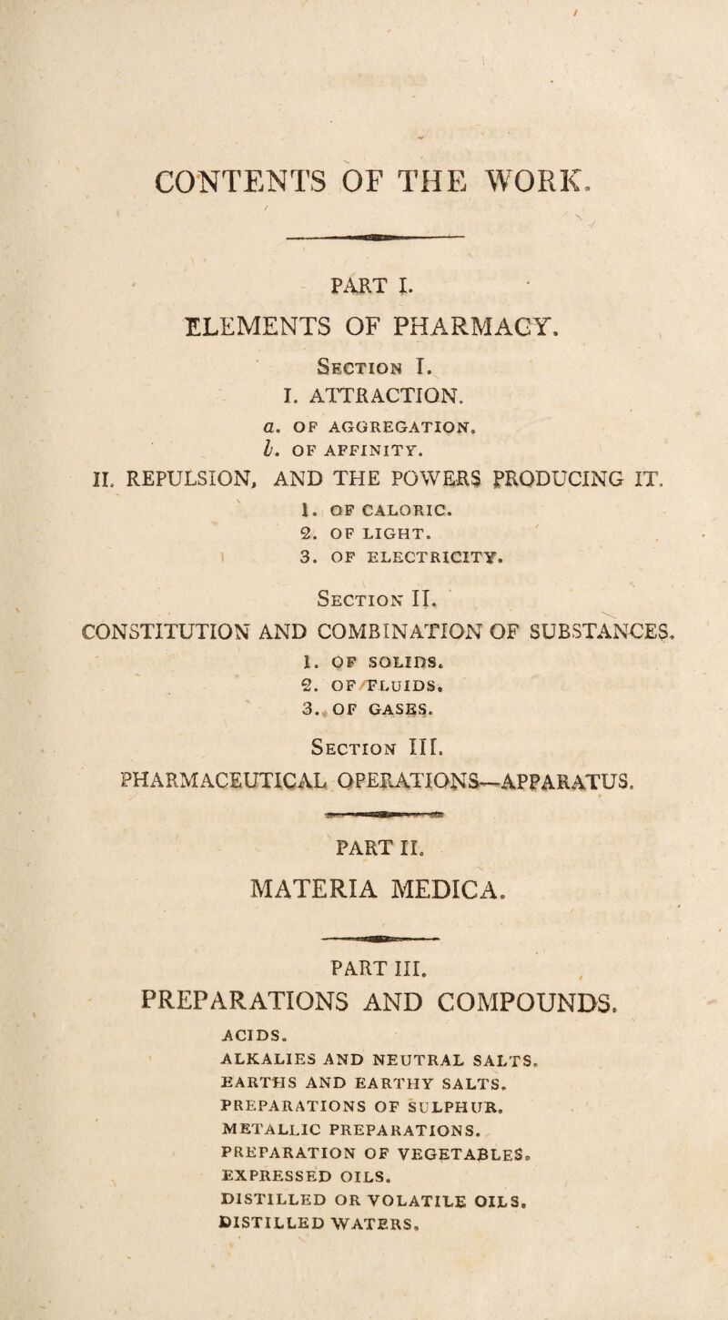 y CONTENTS OF THE WORK. PART I. ELEMENTS OF PHARMACY. Section T. I. ATTRACTION, a. OF AGGREGATION. 1. OF AFFINITY. II. REPULSION, AND THE POWERS PRODUCING IT, 1. OF CALORIC. 2. OF LIGHT. 3. OF ELECTRICITY. Section II. CONSTITUTION AND COMBINATION OF SUBSTANCES. 1. OF SOLIDS. 2. OF FLUIDS. 3. OF GASES. Section III. PHARMACEUTICAL OPERATIONS—APPARATUS. PART II. MATERIA MEDICA. PART III. PREPARATIONS AND COMPOUNDS. ACIDS. ALKALIES AND NEUTRAL SALTS. EARTHS AND EARTHY SALTS. PREPARATIONS OF SULPHUR. METALLIC PREPARATIONS. PREPARATION OF VEGETABLES* EXPRESSED OILS. DISTILLED OR VOLATILE OILS. DISTILLED WATERS,