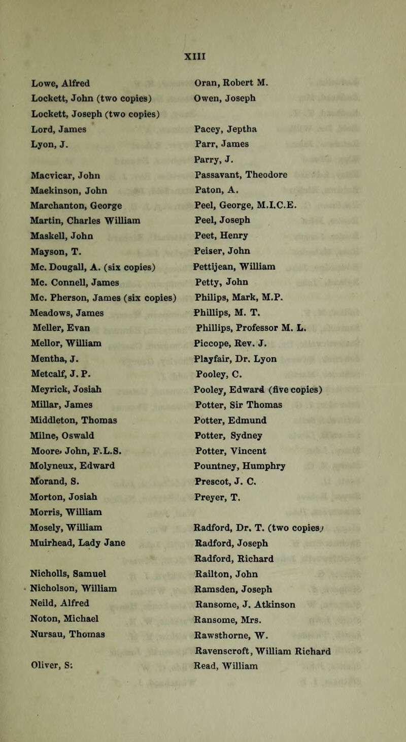 Lowe, Alfred Lockett, John (two copies) Lockett, Joseph (two copies) Lord, James Lyon, J. Macvicar, John Maekinson, John Marchanton, George Martin, Charles William Maskell, John Mayson, T. Me. Dougall, A. (six copies) Me. Connell, James Me. Pherson, James (six copies) Meadows, James Meller, Evan Mellor, William Mentha, J. Metcalf, J. P. Meyrick, Josiah Millar, James Middleton, Thomas Milne, Oswald Moore> John, F.L.S. Molyneux, Edward Morand, S. Morton, Josiah Morris, William Mosely, William Muirhead, Lady Jane Nicholls, Samuel Nicholson, William Neild, Alfred Noton, Michael Nursau, Thomas Oliver, S: Oran, Robert M. Owen, Joseph Pacey, Jeptha Parr, James Parry, J. Passavant, Theodore Paton, A. Peel, George, M.I.C.E. Peel, Joseph Peet, Henry Peiser, John Pettijean, William Petty, John Philips, Mark, M.P. Phillips, M. T. Phillips, Professor M. L. Piccope, Rev. J. Playfair, Dr. Lyon Pooley, C. Pooley, Edward (five copies) Potter, Sir Thomas Potter, Edmund Potter, Sydney Potter, Vincent Pountney, Humphry Prescot, J. C. Preyer, T. Radford, Dr. T. (two copies.' Radford, Joseph Radford, Richard Railton, John Ramsden, Joseph Ransome, J. Atkinson Ransome, Mrs. Rawsthorne, W. Ravenscroft, William Richard Read, William