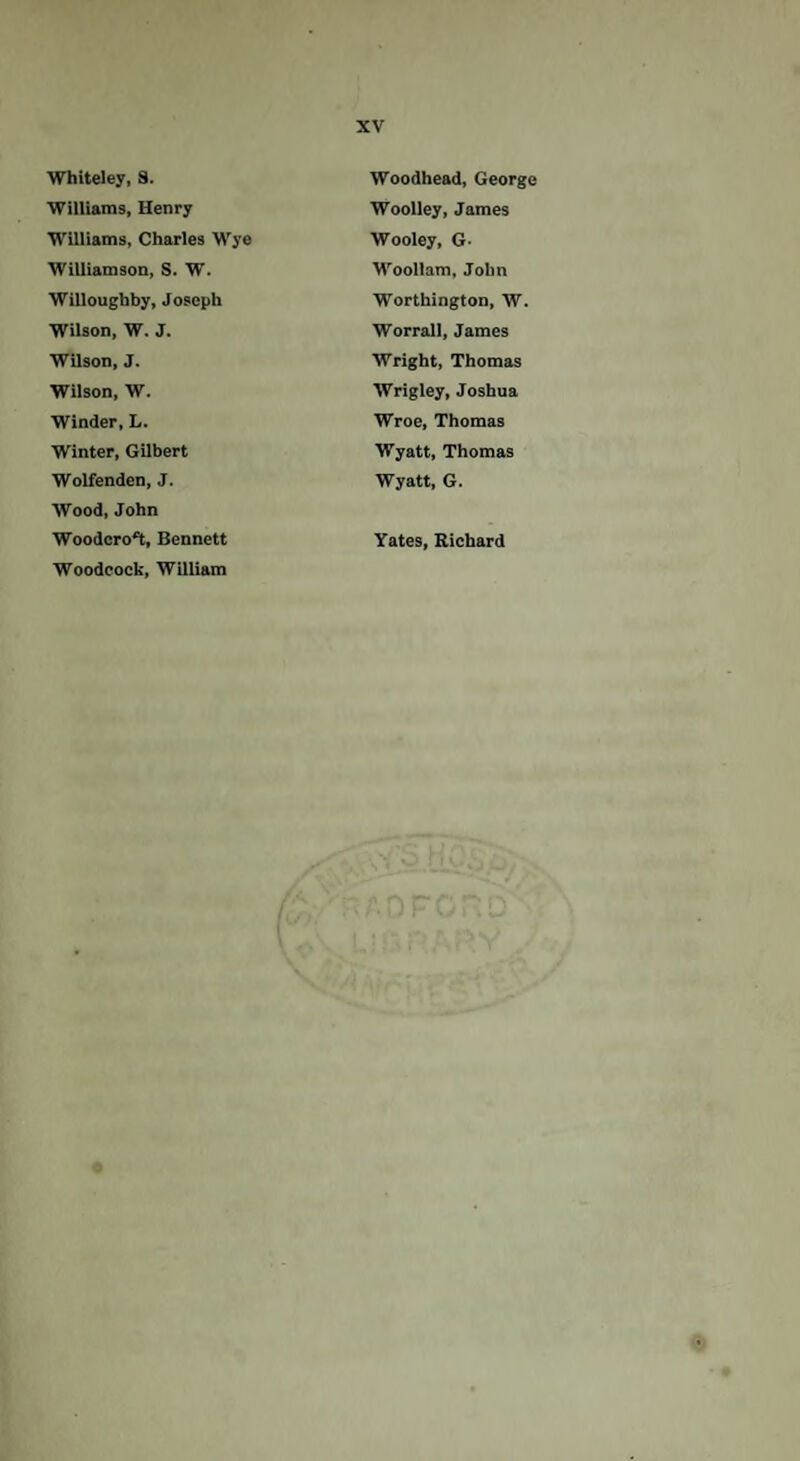 Whiteley, S. Woodhead, George ■Williams, Henry Woolley, James Williams, Charles Wye Wooley, G- Williamson, S. W. Woollam, John Willoughby, Joseph Worthington, W. Wilson, W. J. Worrall, James Wilson, J. Wright, Thomas Wilson, W. Wrigley, Joshua Winder, L. Wroe, Thomas Winter, Gilbert Wyatt, Thomas Wolfenden, J. Wood, John Wyatt, G. Woodcock, William