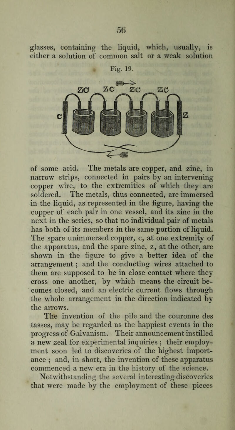 glasses, containing the liquid, which, usually, is either a solution of common salt or a weak solution Fig. 19. of some acid. The metals are copper, and zinc, in narrow strips, connected in pairs by an intervening- copper wire, to the extremities of which they are soldered. The metals, thus connected, are immersed in the liquid, as represented in the figure, having the copper of each pair in one vessel, and its zinc in the next in the series, so that no individual pair of metals has both of its members in the same portion of liquid. The spare unimmersed copper, c, at one extremity of the apparatus, and the spare zinc, z, at the other, are shown in the figure to give a better idea of the arrangement; and the conducting wires attached to them are supposed to be in close contact where they cross one another, by which means the circuit be¬ comes closed, and an electric current flows through the whole arrangement in the direction indicated by the arrows. The invention of the pile and the couronne des tasses, may be regarded as the happiest events in the progress of Galvanism. Their announcement instilled a new zeal for experimental inquiries ; their employ¬ ment soon led to discoveries of the highest import¬ ance ; and, in short, the invention of these apparatus commenced a new era in the history of the science. Notwithstanding the several interesting discoveries that were made by the employment of these pieces