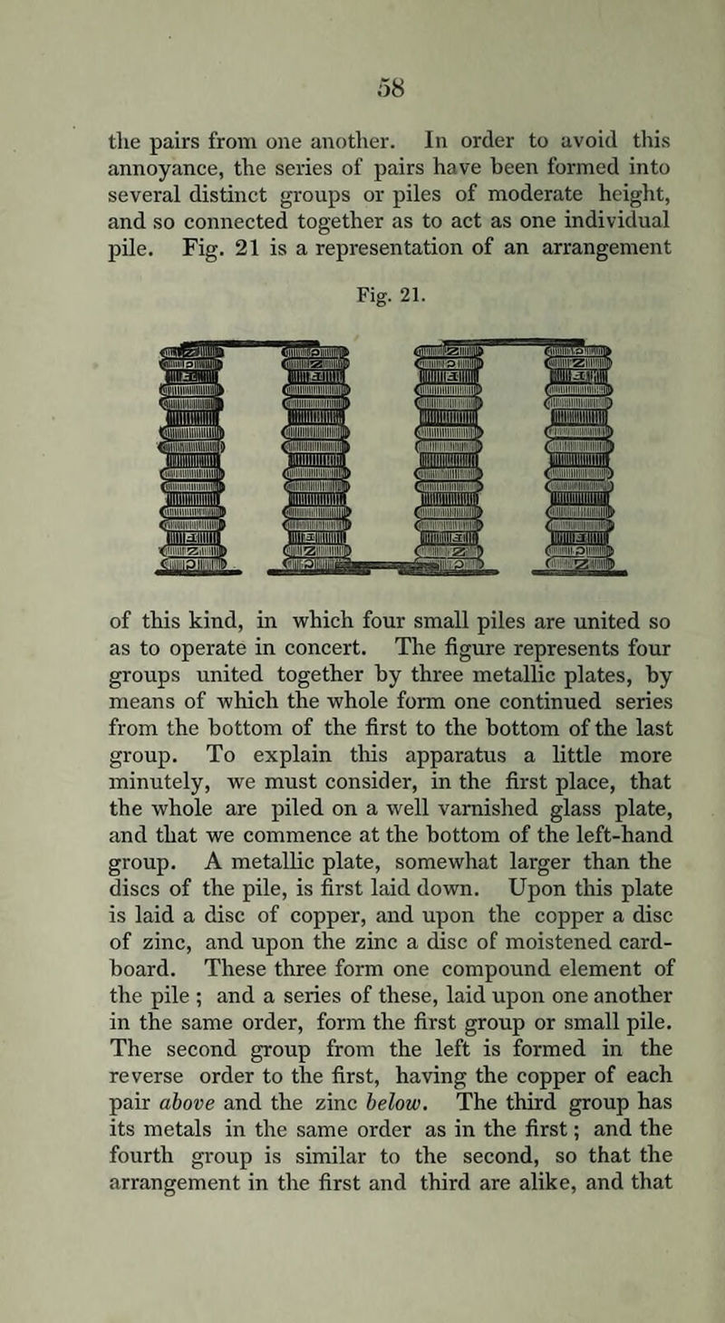 the pairs from one another. In order to avoid this annoyance, the series of pairs have been formed into several distinct groups or piles of moderate height, and so connected together as to act as one individual pile. Fig. 21 is a representation of an arrangement Fig. 21. of this kind, in which four small piles are united so as to operate in concert. The figure represents four groups united together by three metallic plates, by means of which the whole form one continued series from the bottom of the first to the bottom of the last group. To explain this apparatus a little more minutely, we must consider, in the first place, that the whole are piled on a well varnished glass plate, and that we commence at the bottom of the left-hand group. A metallic plate, somewhat larger than the discs of the pile, is first laid down. Upon this plate is laid a disc of copper, and upon the copper a disc of zinc, and upon the zinc a disc of moistened card¬ board. These three form one compound element of the pile ; and a series of these, laid upon one another in the same order, form the first group or small pile. The second group from the left is formed in the reverse order to the first, having the copper of each pair above and the zinc below. The third group has its metals in the same order as in the first; and the fourth group is similar to the second, so that the arrangement in the first and third are alike, and that