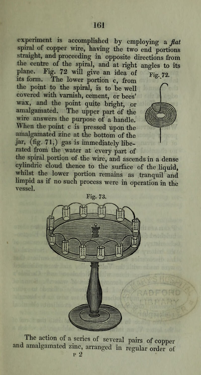 experiment is accomplished by employing a fiat spiral of copper wire, having the two end portions straight, and proceeding in opposite directions from tire centre of the spiral, and at right angles to its plane. Fig. 72 will give an idea of Fig. 72. its form. The lower portion c, from the point to the spiral, is to he well covered with varnish, cement, or bees’ wax, and the point quite bright, or amalgamated. The upper part of the wire answers the purpose of a handle. When the point c is pressed upon the amalgamated zinc at the bottom of the jar, (fig. 71,) gas is immediately libe¬ rated from the water at every part of the spiral portion of the wire, and ascends in a dense cylindric cloud thence to the surface of the liquid, whilst the lower portion remains as tranquil and limpid as if no such process were in operation in the vessel. Fig. 73. The action of a series of several pairs of copper and amalgamated zinc, arranged in regular order of p 2