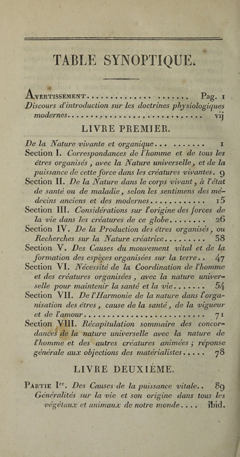TABLE SYNOPTIQUE. Avertissement. . Pag. i Discours d’mtroducLion sur les doctrines phy siologiques modernes. vij LIVRE PREMIER. De la Nature vwante et organique. i Section I. Correspondances de Vhomme et de tous les êtres organisés y avec la Nature iinw ers elle ^ et de la puissance de cette force dans les créatures 'vivantes» 9 Section IL De la Nature dans le corps 'vivant, à Y état de santé ou de maladie, selon les sentimens des mé¬ decins anciens et des modernes. i5 Section III. Considérations sur Y origine des forces de la 'vie dans les créatures de ce globe. 26 Section IV. De la Production des êtres organisés^ ou Recherches sur la Nature créatrice. 58 Section V. Des Causes du mouvement vital et de la formation des espèces organisées sur la terre. . 4? Section VI. Nécessité de la Coordination de Vhomme et des créatures organisées , avec la nature univer¬ selle pour maintenir la santé et la vie. 54 Section VIL De V Harmonie de la nature dans Y orga-^ nisation des êtres cause de la santé, de la vigueur et de Vamour. 71 Section VIII. Récapitulation sommaire des concor^ dances de la nature universelle avec la nature de Vhomme et des autres créatures animées , réponse générale aux objections des matérialistes. 78 LIVRE DEUXIÈME. Partie Des Causes de la puissance vitale.. 89 Généralités sur la vie et son origine dans tous les ■végétaux et animaux de notre monde. . . . iRid.
