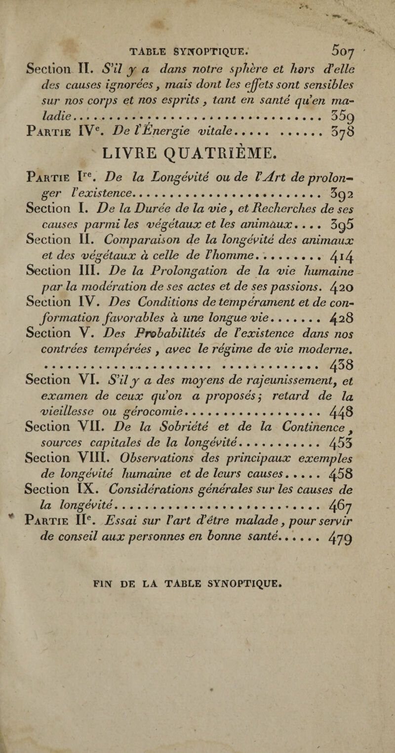 Section IL S^il y a dans notre sphère et hors delle des causes ignorées, mais dont les effets sont sensibles sur nos corps et nos esprits, tant en santé quen ma¬ ladie. SSq Partie IV®. De tEnergie vitale.3^8 LIVRE QUATRIÈME. Partie P®. De la Longévité ou de VArt de proion-- ger l’existence. 5q2 Section I. De la Durée de la vie y et Recherches de ses causes parmi les végétaux et les animaux.... 5^5 Section II. Comparaison de la longévité des animaux et des végétaux à celle de Thomme.4*4 Section III. De la Prolongation de la vie humaine par la modération de ses actes et de ses passions. 420 Section IV. Des Conditions de tempérament et de con¬ formation favorables à une longue vie.4^8 Section V. Des Probabilités de l’existence dans nos contrées tempérées , avec le régime de vie moderne, . 458 Section VI. S’il y a des moyens de rajeunissement, et examen de ceux qu’on a proposés j retard de la vieillesse ou gérocomie.44^ Section VII. De la Sobriété et de la Continence, sources capitales de la longévité. 455 Section VIII. Observations des principaux exemples de longévité humaine et de leurs causes.458 Section IX. Considérations générales sur les causes de la longévité.4^7 Partie II®. Essai sur l’art d’être malade, pour servir de conseil aux personnes en bonne santé,..... 479 FIIV DE LA TABLE SYNOPTIQUE.