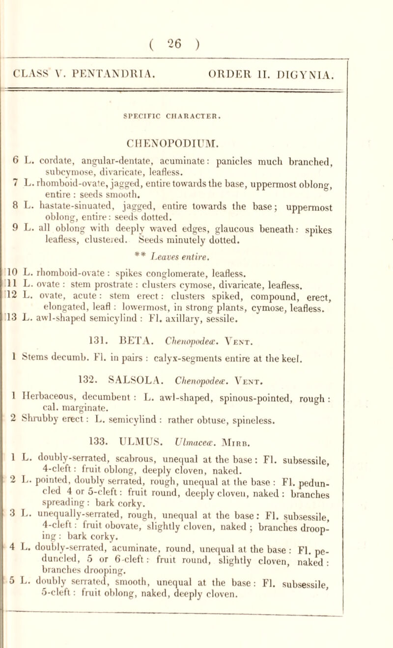 CLASS V. PENTANDRIA. ORDER II. DIGYN1A. SPECIFIC CHARACTER. CHENOPODIUM. 6 L. cordate, angular-dentate, acuminate: panicles much branched, subcyroose, divaricate, leafless. 7 L. rhomboid-ovate, jagged, entire towards the base, uppermost oblong, entire: seeds smooth. 8 L. hastate-sinuated, jagged, entire towards the base; uppermost oblong, entire: seeds dotted. 9 L. all oblong with deeply waved edges, glaucous beneath: spikes leafless, clustered. Seeds minutely dotted. ** Leaves entire. 10 L. rhomboid-ovate : spikes conglomerate, leafless. 11 L. ovate : stem prostrate : clusters cymose, divaricate, leafless. 12 L. ovate, acute: stem erect: clusters spiked, compound, erect, elongated, leaf!: lowermost, in strong plants, cymose, leafless. 13 L. awl-shaped semicylind : FI. axillary, sessile. 131. BETA. Chenopodex. Vent. 1 Stems decumb. FI. in pairs : calyx-segments entire at the keel. 132. SALSOLA. Chenopodex. Vent. 1 Herbaceous, decumbent: L. awl-shaped, spinous-pointed, rough: cal. marginate. 2 Shrubby erect: L. semicylind : rather obtuse, spineless. 133. ULMUS. Ulmacex. Mirb. 1 L. doubly-serrated, scabrous, unequal at the base: FI. subsessile, 4-cleft: fruit oblong, deeply cloven, naked. 2 L. pointed, doubly serrated, rough, unequal at the base : FI. pedun- cled 4 or 5-cleft: fruit round, deeply cloven, naked : branches spreading: bark corky. 3 L. unequally-serrated, rough, unequal at the base: FI. subsessile, 4- cleft: fruit obovate, slightly cloven, naked ; branches droop- ing : bark corky. r 4 L. doubly-serrated, acuminate, round, unequal at the base : FI. pe- duncled, 5 or 6-cleft: fruit round, slightly cloven, naked: branches drooping. 5 L. doubly serrated, smooth, unequal at the base: FI. subsessile, 5- cleft: fruit oblong, naked, deeply cloven.