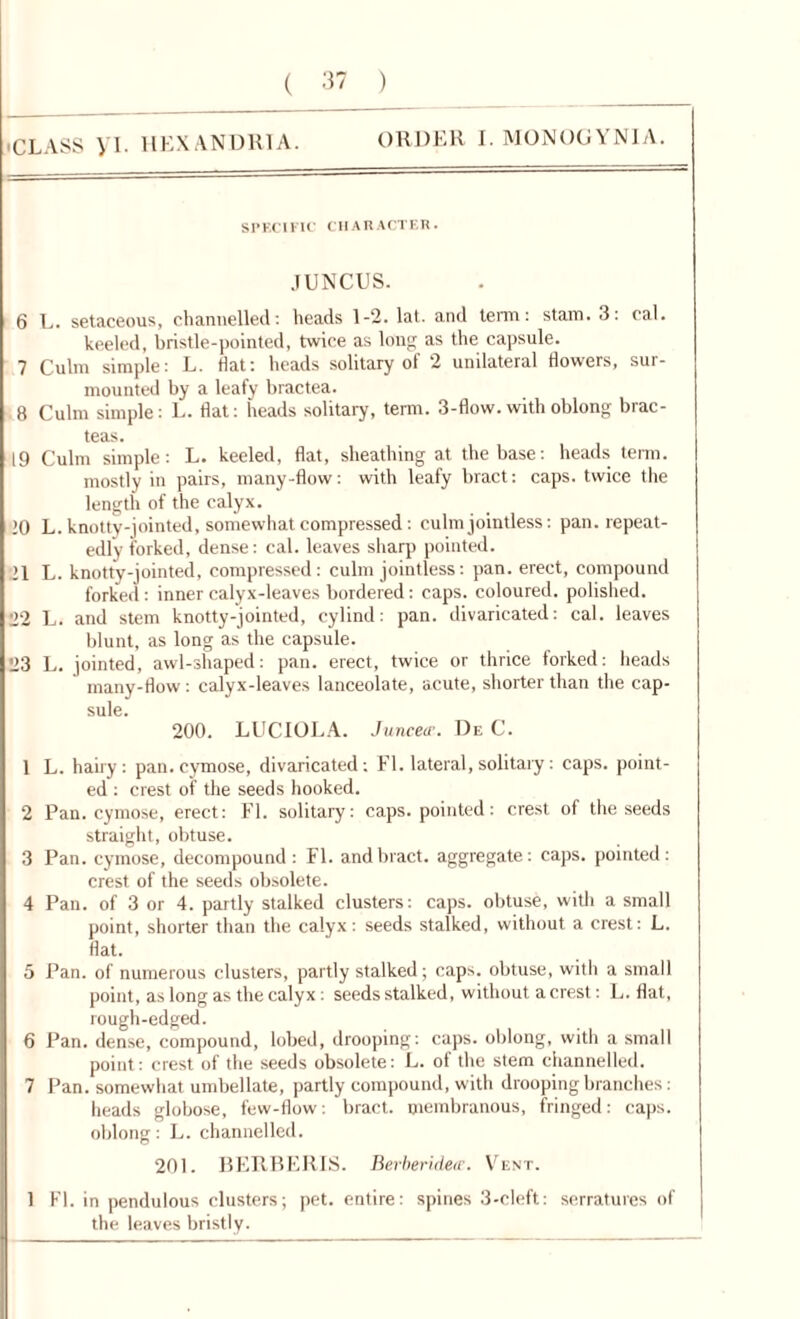 'CLASS yi. HEXANDRIA. ORDER I. MONOGYNIA. SPECIFIC CHARACTER. JUNCUS. 6 L. setaceous, channelled: heads 1-2. lat. and term: stam. 3: cal. keeled, bristle-pointed, twice as long as the capsule. 7 Culm simple: L. Hat: heads solitary ol 2 unilateral Howers, sur- mounted by a leafy bractea. 8 Culm simple: L. flat: heads solitary, term. 3-flow, with oblong brac- teas. 19 Culm simple: L. keeled, flat, sheathing at the base: heads term, mostly in pairs, many-flow: with leafy bract: caps, twice the length of the calyx. 10 L. knotty-jointed, somewhat compressed: culm jointless: pan. repeat- edly forked, dense: cal. leaves sharp pointed. >1 L. knotty-jointed, compressed: culm jointless: pan. erect, compound forked : inner calyx-leaves bordered: caps, coloured, polished. 22 L. and stem knotty-jointed, cylind: pan. divaricated: cal. leaves blunt, as long as the capsule. 23 L. jointed, awl-shaped: pan. erect, twice or thrice forked: heads many-flow: calyx-leaves lanceolate, acute, shorter than the cap- sule. 200. LUCIOLA. Junceir. De C. 1 L. hairy: pan. cymose, divaricated; FI. lateral, solitaiy: caps, point- ed : crest of the seeds hooked. 2 Pan. cymose, erect: FI. solitary: caps, pointed: crest of the seeds straight, obtuse. 3 Pan. cymose, decompound : FI. and bract, aggregate: caps, pointed: crest of the seeds obsolete. 4 Pan. of 3 or 4. partly stalked clusters: caps, obtuse, with a small point, shorter than the calyx: seeds stalked, without a crest: L. flat. 3 Pan. of numerous clusters, partly stalked; caps, obtuse, with a small point, as long as the calyx: seeds stalked, without a crest: L. flat, rough-edged. 6 Pan. dense, compound, lobed, drooping: caps, oblong, with a small point: crest of the seeds obsolete: L. of the stem channelled. 7 Pan. somewhat umbellate, partly compound, with drooping branches: heads globose, few-flow: bract, membranous, fringed: caps, oblong: L. channelled. 201. BERBERIS. Berberidete. YAnt. 1 FI. in pendulous clusters; pet. entire: spines 3-cleft: serratures of the leaves bristly.