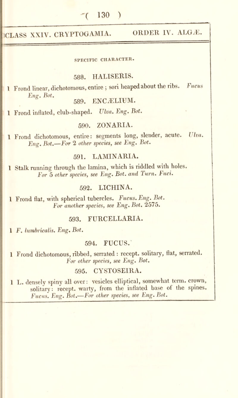 -( 130 ) (CLASS XXIV. CRYPTOGAMIA. ORDER IV. ALO/E. SPECIFIC CHARACTER. 588. IIALISERIS. I Frond linear, dichotomous, entire ; sori heaped about the ribs. Fuchs Eng. Bot. 580. ENC/ELIUM. 1 Frond inflated, club-shaped. Ulva. Eng. Bet. 590. ZONARIA. 1 Frond dichotomous, entire: segments long, slender, acute. Viva. Eng. Bot.—For 2 other species, see Eng. Bot. 591. LAMINARIA. 1 Stalk running through the lamina, which is riddled with holes. For 5 other species, see Eng. Bot. and, Turn. Fuci. 592. LICHINA. 1 Frond flat, with spherical tubercles. Fucus. Eng. Bot. For another species, see Eng. Bot. 2575. 593. FURCELLARIA. 1 F. lumbricalis. Eng. Bot. 594. FUCUS. 1 Frond dichotomous, ribbed, serrated : recept. solitary, flat, serrated. ['or other species, see Eng. Bot. 595. CYSTOSEIRA. 1 L. densely spiny all over: vesicles elliptical, somewhat term, crown, solitary: recept. warty, from the inflated base of the spines. Fucus. Eng. Bot.—For other species, see Eng. Bot.