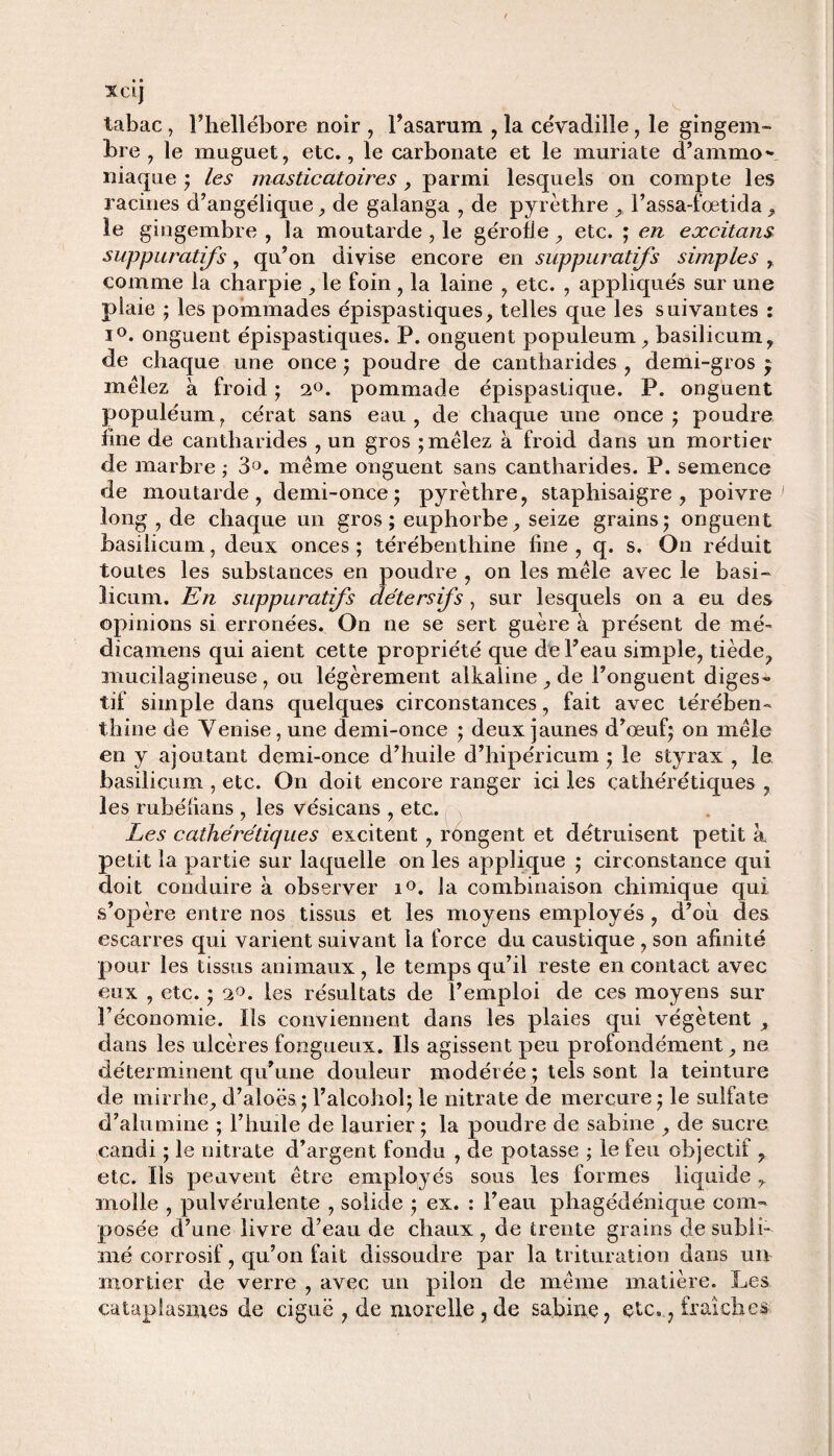 Xcq tabac, l’hellébore noir , l’asarum , la cévadilîe, le gingem¬ bre , le muguet, etc., le carbonate et le muriate d'ammo¬ niaque ; les masticatoires, parmi lesquels on compte les racines d’angélique, de galanga , de pyrèthre ,, l’assa-fœtida , le gingembre , la moutarde, le gérofle, etc. ; en eæcitans suppuratifs, qu’on divise encore en suppuratifs simples , comme la charpie , le foin , la laine , etc. , appliqués sur une plaie ; les pommades épispastiques, telles que les suivantes : i°. onguent épispastiques. P. onguent populeum, basilicum, de chaque une once ; poudre de cantharides , demi-gros y mêlez à froid ; 2°. pommade épispastique. P. onguent populéum, cérat sans eau, de chaque une once ; poudre fine de cantharides , un gros ; mêlez à froid dans un mortier de marbre -, 3°. même onguent sans cantharides. P. semence de moutarde, demi-once; pyrèthre, stapliisaigre , poivre ' long , de chaque un gros; euphorbe, seize grains; onguent basilicum, deux onces; térébenthine line, q. s. On réduit toutes les substances en poudre , on les mêle avec le basi¬ licum. En suppuratifs détersifs , sur lesquels on a eu des opinions si erronées. On ne se sert guère à présent de mé- dicamens qui aient cette propriété que de l’eau simple, tiède, muciîagineuse , ou légèrement alkaline , de l’onguent diges¬ tif simple dans quelques circonstances, fait avec térében¬ thine de Venise, une demi-once ; deux jaunes d’œuf; on mêle en y ajoutant demi-once d’huile d’hipéricum ; le styrax , le basilicum , etc. On doit encore ranger ici les cathérétiques , les mbéiians , les vésicans , etc. Les cathérétiques excitent , rongent et détruisent petit à petit la partie sur laquelle on les applique ; circonstance qui doit conduire à observer i°. la combinaison chimique qui s’opère entre nos tissus et les moyens employés, d’où des escarres qui varient suivant la force du caustique, son afinité pour les tissus animaux , le temps qu’il reste en contact avec eux , etc. ; 2°. les résultats de l’emploi de ces moyens sur l’économie. Ils conviennent dans les plaies qui végètent , dans les ulcères fongueux. Ils agissent peu profondément, ne déterminent qu’une douleur modérée ; tels sont la teinture de mirrire, d’aioës ; l’alcohol; le nitrate de mercure ; le sulfate d’alumine ; l’huile de laurier ; la poudre de sabine , de sucre candi ; le nitrate d’argent fondu , de potasse ; le feu objectif , etc. Ils peuvent être employés sous les formes liquide r molle , pulvérulente , solide ; ex. : l’eau phagédénique com¬ posée d’une livre d’eau de chaux, de trente grains de subli¬ mé corrosif, qu’on fait dissoudre par la trituration dans un mortier de verre , avec un pilon de même matière. Les cataplasmes de ciguë , de morelle , de sabine, etc., fraîches