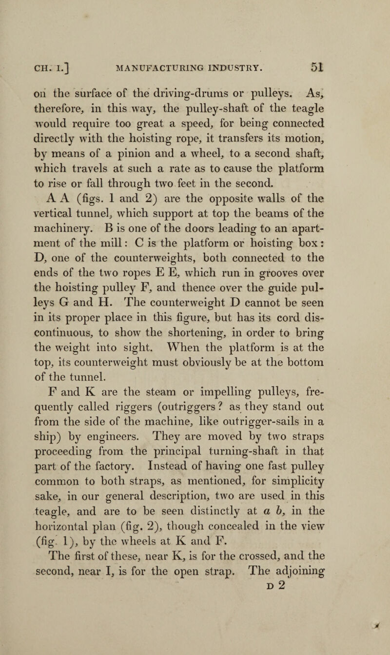 on the surface of the driving-drums or pulleys. As, therefore, in this way, the pulley-shaft of the teagle would require too great a speed, for being connected directly with the hoisting rope, it transfers its motion, by means of a pinion and a wheel, to a second shaft, which travels at such a rate as to cause the platform to rise or fall through two feet in the second. A A (figs. 1 and 2) are the opposite walls of the vertical tunnel, which support at top the beams of the machinery. B is one of the doors leading to an apart¬ ment of the mill: C is the platform or hoisting box: D, one of the counterweights, both connected to the ends of the two ropes E E, which run in grooves over the hoisting pulley F, and thence over the guide pul¬ leys G and H. The counterweight D cannot be seen in its proper place in this figure, but has its cord dis¬ continuous, to show the shortening, in order to bring the weight into sight. When the platform is at the top, its counterweight must obviously be at the bottom of the tunnel. F and K are the steam or impelling pulleys, fre¬ quently called riggers (outriggers ? as they stand out from the side of the machine, like outrigger-sails in a ship) by engineers. They are moved by two straps proceeding from the principal turning-shaft in that part of the factory. Instead of having one fast pulley common to both straps, as mentioned, for simplicity sake, in our general description, two are used in this teagle, and are to be seen distinctly at a b, in the horizontal plan (fig. 2), though concealed in the view (fig. 1), by the wheels at K and F. The first of these, near K, is for the crossed, and the second, near I, is for the open strap. The adjoining d 2