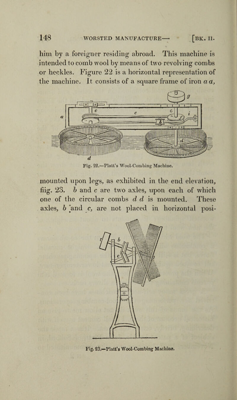 him by a foreigner residing abroad. This machine is intended to comb wool by means of two revolving combs or heckles. Figure 22 is a horizontal representation of the machine. It consists of a square frame of iron a a, mounted upon legs, as exhibited in the end elevation, fiig. 23. b and c are two axles, upon each of which one of the circular combs d d is mounted. These axles, b *and c, are not placed in horizontal posi- Fig. 23.—-Platt’s Wool-Combing Machine.