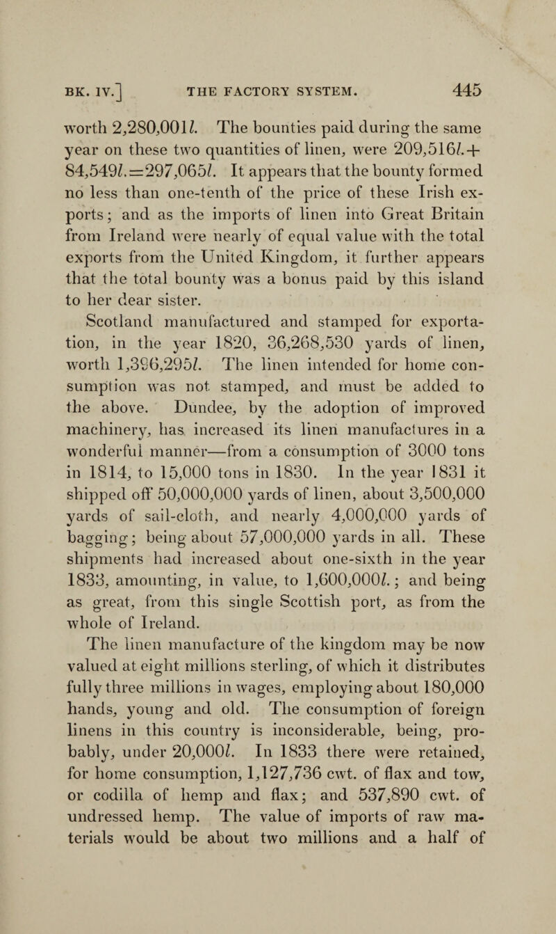 worth 2,280,001/. The bounties paid during the same year on these two quantities of linen, were 209,516/.+ 84,549/.=297,065/. It appears that the bounty formed no less than one-tenth of the price of these Irish ex¬ ports; and as the imports of linen into Great Britain from Ireland were nearly of equal value with the total exports from the United Kingdom, it further appears that the total bounty was a bonus paid by this island to her dear sister. Scotland manufactured and stamped for exporta¬ tion, in the year 1820, 36,268,530 yards of linen, worth 1,396,295/. The linen intended for home con¬ sumption was not stamped, and must be added to the above. Dundee, by the adoption of improved machinery, has increased its linen manufactures in a wonderful manner—from a consumption of 3000 tons in 1814, to 15,000 tons in 1830. In the year 1831 it shipped off 50,000,000 yards of linen, about 3,500,000 yards of sail-cloth, and nearly 4,000,000 yards of bagging; being about 57,000,000 yards in all. These shipments had increased about one-sixth in the year 1833, amounting, in value, to 1,600,000/.; and being as great, from this single Scottish port, as from the whole of Ireland. The linen manufacture of the kingdom may be now valued at eight millions sterling, of which it distributes fully thr ee millions in wages, employing about 180,000 hands, young and old. The consumption of foreign linens in this country is inconsiderable, being, pro¬ bably, under 20,000/. In 1833 there were retained, for home consumption, 1,127,736 cwt. of flax and tow, or codilla of hemp and flax; and 537,890 cwt. of undressed hemp. The value of imports of raw ma¬ terials would be about two millions and a half of