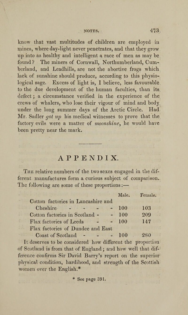 know that vast multitudes of children are employed in mines, where day-light never penetrates, and that they grow up into as healthy and intelligent a race of men as may he found? The miners of Cornwall, Northumberland, Cum¬ berland, and Leadhills, are not the abortive frogs which lack of sunshine should produce, according to this physio¬ logical sage. Excess of light is, I believe, less favourable to the due development of the human faculties, than its defect; a circumstance verified in the experience of the crews of whalers, who lose their vigour of mind and body under the long summer days of the Arctic Circle. Had Mr. Sadler got up his medical witnesses to prove that the factory evils were a matter of moonshine, he would have been pretty near the mark. APPENDIX. The relative numbers of the two sexes engaged in the dif¬ ferent manufactures form a curious subject of comparison. The following are some of these proportions:— Male. Female. Cotton factories in Lancashire and Cheshire - - 100 103 Cotton factories in Scotland - - 100 209 Flax factories of Leeds - 100 147 Flax factories of Dundee and East Coast of Scotland - 100 280 It deserves to be considered how different the proportion of Scotland is from that of England; and how well that dif¬ ference confirms Sir David Barry’s report on the superior physical condition, hardihood, and strength of the Scottish women over the English.* * See page 391.