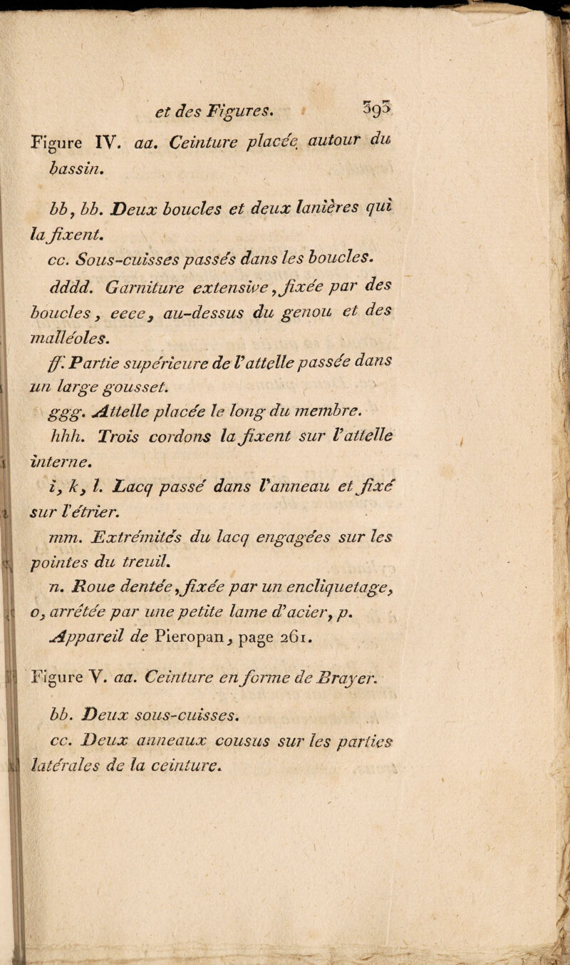 et des Figures. Figure IV. aa. Ceinture placée autour du bassin, bb, bb. Deux boucles et deux lanières qui la fixent, cc. Sous-cuisses passés dans les boucles. dddd. Garniture extensive ,fixée par des boucles y eeeey au-dessus du genou et des malléoles. jj\ Partie supérieure de Vattelle passée dans un large gousset. ggg. Attelle placée le long du membre. hhh. Trois cordons la fixent sur Vattelle interne. iy kyl. Lacq passé dans Vanneau et fixé sur T étrier. mm. Extrémités du lacq engagées sur les pointes du treuil. n. Roue dentée fixée par un encliquetage y je oy arrêtée par une petite lame d'acier, p. Appareil de Pieropan, page 261. F Figure Y. aa. Ceinture en forme de Brajer. bb. Deux sous-cuisses. cc. Deux anneaux cousus sur les parties Û latérales de la ceinture. !