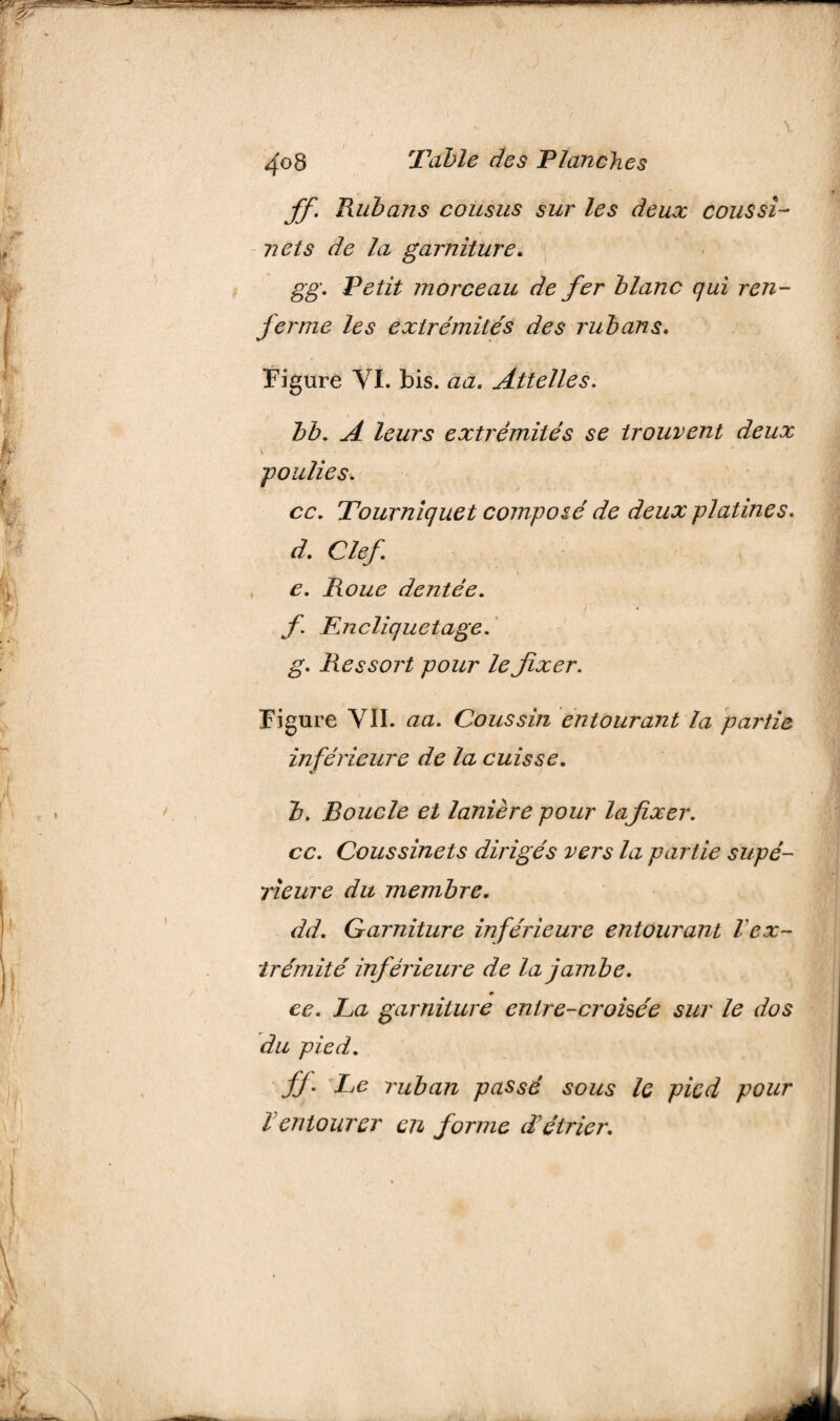 ) Table des Planches 408 ff. Rubans cousus sur les deux coussi¬ nets de la garniture. gg. Petit morceau de fer blanc qui ren¬ ferme les exirémiters des rubans. Figure YI. bis. aa. Attelles. ) » . \ { bb. A leurs extrémités se trouvent deux v ■poulies. cc. Tourniquet composé de deux platines. d. Clef e. Roue dentée. f En cliqu etage. g. Ressort pour le fixer. Figure VII. aa. Coussin entourant la partie inférieure de la cuisse. b. Boucle et lanière pour lafixer, cc. Coussinets dirigés vers la partie supé¬ rieure du membre. dd. Garniture inférieure entourant l ex¬ trémité inférieure de la jambe. * ce. La garniture entre-croisée sur le dos du pied. ff Le ruban passé sous le pied pour Ventourer en forme d'étrier.