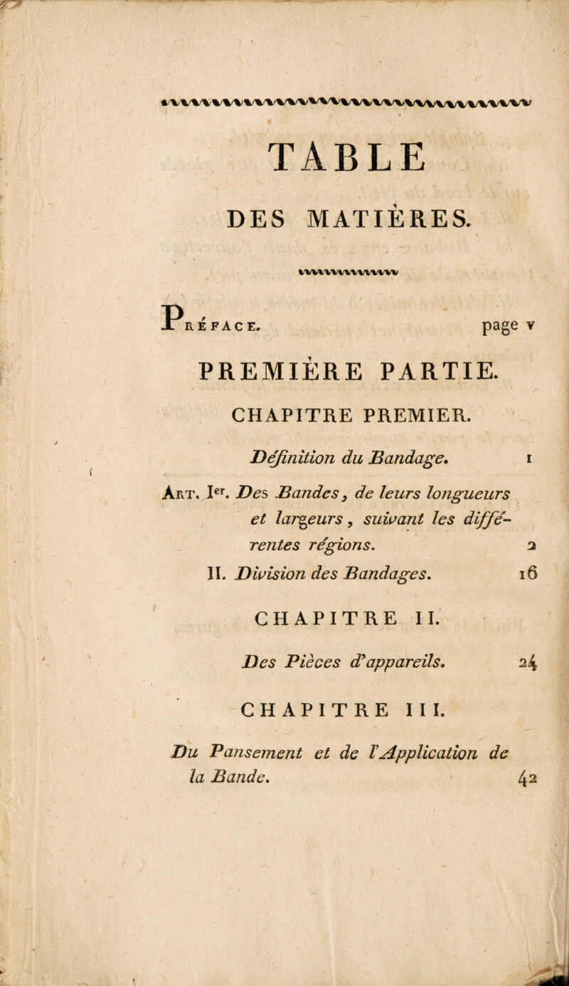 *VV1^%'V%)%/VVVVVVV\>%/V\,V^%>VVVVVVVVVVVV TABLE DES MATIÈRES. IVWVWVWWVW Préface. page v PREMIÈRE PARTIE. r CHAPITRE PREMIER. Définition du Bandage. i Art. Ier. Des Bandes, de leurs longueurs et largeurs, suivant les diffé¬ rentes régions. 2 II. Division des Bandages. 16 CHAPITRE IL Des Pièces dy appareils, 2.4 CHAPITRE III. Du Pansement et de VApplication de la Bande. 42