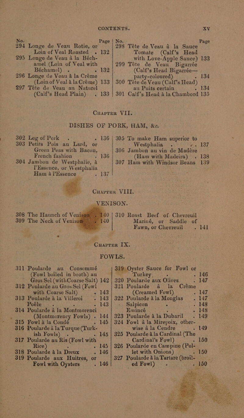 294 Longe de Vean Rotie, or Loin of Veal Roasted . 132 295 Longe de Veau a la Béch- amel (Loin of Veal with 296 Longe de Veau a la Créme (Loin of Veal a la Créme) 297 Téte de Veau au Naturel (Calf’s Head Plain) . 133 133 Tomate (Calf’s Head with Love-Apple Sauce) 299 Téte de Veau Bigarrée (Calf’s Head Bigarrée— party-coloured) 300 Téte de Veau (Calf’s Head) au Puits certain . 134 301 Calf’s Head 4 la Chambord 135 134 302 Leg of Pork . s 436 303 Petits Pois au Lard, or Green Peas with Bacon, French fashion . 136 304 Jambon de Westphalie, a PEssence, or Westphalia Ham 4 )Essence ¢ 13/ 305 To make Ham superior to _ 808 The Haunch of Venis¢ 309 The Neck of Venisc 311 Poularde au Consommé . (Fowl boiled in broth) au Gros Sel (withCoarse Salt) 142 312 Poularde au Gros Sel (Fowl with Coarse Salt) - 143 313 Poularde a la Villeroi + 143 Poéle sa td 314 Poularde 5 la Pataca ; (Montmorency Fowls) . 144 315 Fowl a la Condé » 145 316 Poularde a la Turque (Turk- ish Fowls) . » 145 317 Poularde au Ris (Fowl with Rice) . 145 318 Poularde ala Dreux 146 319 Poularde aux Huitres, or Fowl with Oysters . 146 Westphalia. 137 306 Jambon au vin de Madére (Ham with Madeira) . 138 307 Ham with Windsor Beans 139 310 Roast Beef of. Chevreuil Mariné, or Saddle of Fawn, or Chevreuil . 141 319 Oyster Sauce for Fowl or Turke ri . 146 320 Poularde aux Olives 147 321 Poularde a la Créme (Creamed Fowl) 147 322 Poularde 4 la Monglas 147 Salpicon ° 148 Emincé 148 323 Poularde ala Dubaril 149 324 Fowl a Ja Mirepoix, other- wise a la Cendre 149 325 Poularde a la Cardinal (The Cardinal’s Fowl) 150 326 Poularde en Campine (Pul- let with Onions) + 150 327 Poularde Ala Tartare (broil- _ed Fowl) .