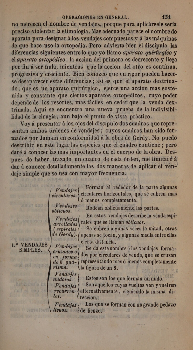4 ad OPERACIONES EN GENERAL. 151 no merecen el nombre de vendajes, porque para aplicársele seria preciso violentar la etimología. Mas adecuado parece el nombre de aparato para designar álos vendajes compuestos y á las máquinas de que hace uso la ortopedia. Pero advierta bien el discípulo las diferencias siguientes entrelo que yo llamo aparato quirúrgico y el aparato ortopédico : la accion del primero es decrecente y llega por fin á ser nula, mientras que la accion del otro es contínua, progresiva y creciente. Bien conozco que en rigor pueden hacer- se desaparecer estas diferencias ; asi es que el aparato dextrina- - do, que es un aparato quirúrgico, ejerce una accion mas soste- nida y constante que ciertos aparatos ortopédicos, cuyo poder depende de los resortes, mas fáciles en ceder que la venda dex- trinada. Aquí se encuentra una nueva prueba de la indivisibi- lidad de la cirugía, aun bajo el punto de vista práctico. Voy á presentar á los ojos del discipulo dos cuadros que repre- sentan ambos órdenes de vendajes; cuyos cuadros han sido for- mados por Jamain en conformidad á la obra de Gerdy. No puedo describir en este lugar las especies que el cuadro contiene ; pero daré á conocer las mas importantes en el cuerpo de la obra. Des- pues de haber trazado un cuadro de cada órden, me limitaré á dar à conocer detalladamente las dos maneras de aplicar el ven- daje simple que se usa con mayor frecuencia. Forman al rededor de la parte algunas circulares horizontales, que se cubren mas 6 menos completamente. “y PAPER circulares. Pa A rajo Rodean oblicuamente las partes. Pindiiss En estos vendajes describe la venda espi- los rales que se llaman oblicuos. Se cubren algunas veces la mitad, otras apenas se tocan, y algunas media entre ellas cierta distancia. | Se da este nombre á los vendajes forma- dos por circulares de venda, que se cruzan representando mas 6 menos completamente la figura de un 8. { espirales e Gerdy). 1,2 VENDAIES SIMPLES, cruzadosó en forma de 8 gua- rismo. Vendajes | | mudosos. Estos son los que forman un nudo. Vendajes ( Sonaquellos cuyas vueltas van y vuelven (1 ete alternativamente , siguiendo la misma di- Les. reccion. Los que se dt con un grande pedazo de lienzo. V’endajes llenos. : | ( Î