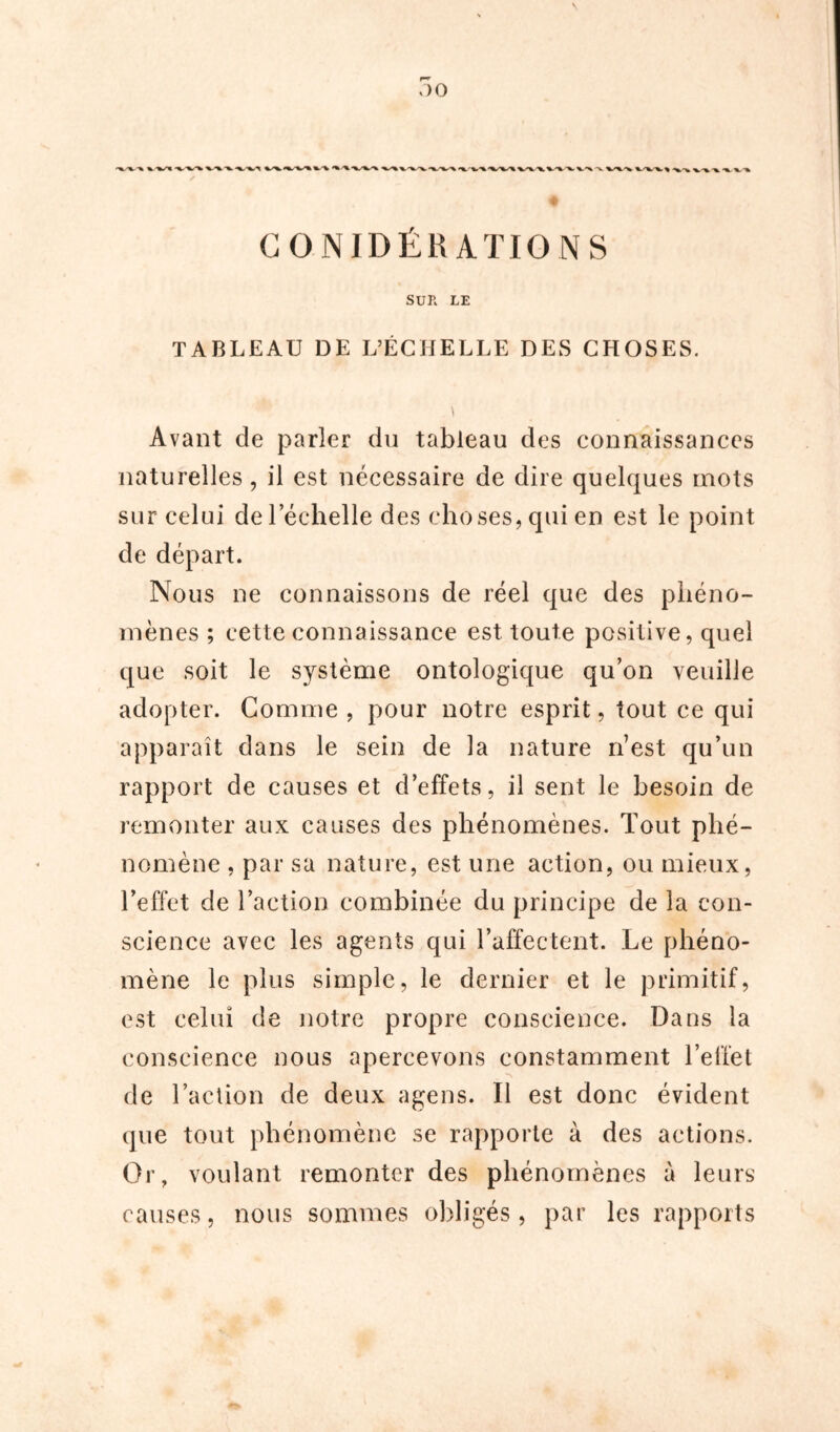 '*•'*.'X-'^X.'X %avww\'\.'v^^^\w\v^vv'x ’x %^%-^v %_^x,-^.* «%.%.*% CONIDÉRATIONS SUR LE TABLEAU DE L’ÉCHELLE DES CHOSES. Avant de parler du tableau des connaissances naturelles , il est nécessaire de dire quelques mots sur celui de l’échelle des choses, qui en est le point de départ. Nous ne connaissons de réel que des phéno- mènes ; cette connaissance est toute positive, quel que soit le système ontologique qu’on veuille adopter. Comme , pour notre esprit, tout ce qui apparaît dans le sein de la nature n’est qu’un rapport de causes et d’effets, il sent le besoin de remonter aux causes des phénomènes. Tout phé- nomène , par sa nature, est une action, ou mieux, l’effet de l’action combinée du principe de la con- science avec les agents qui l’affectent. Le phéno- mène le plus simple, le dernier et le primitif, est celui de notre propre conscience. Dans la conscience nous apercevons constamment l’effet de l’action de deux agens. Il est donc évident que tout phénomène se rapporte à des actions. Or, voulant remonter des phénomènes à leurs causes, nous sommes obligés, par les rapports