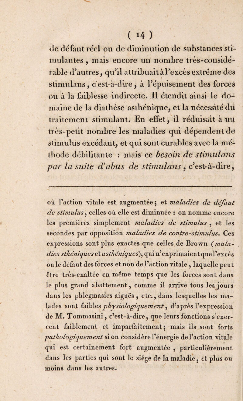 de défaut réel ou de diminution de substances sti¬ mulantes , mais encore un nombre très-considé¬ rable d’autres, qu’il attribuait à l’excès extrême des stimulans, cest*à-dire, à l’épuisement des forces ou à la faiblesse indirecte. Il étendit ainsi le do¬ maine de la diathèse asthénique, et la nécessité du traitement stimulant. En effet, il réduisait à un très-petit nombre les maladies qui dépendent de stimulus excédant, et qui sont curables avec la mé¬ thode débilitante : mais ce besoin de stimulans par la suite d’abus de stimulans y c’est-à-dire, où l’action vitale est augmentée 5 et maladies de défaut de. stimulus y celles où elle est diminuée : on nomme encore les premières simplement maladies de stimulus , et les secondes par opposition maladies de contre-stimulus. Ces expressions sont plus exactes que celles de Brown (mala¬ dies sthéniques et asthéniques), qui n’exprimaient que l’excès ou le défaut des forces et non de l’action vitale , laquelle peut être très-exaltée en même temps que les forces sont dans le plus grand abattement, comme il arrive tous les jours dans les phlegmasies aiguës , etc., dans lesquelles les ma¬ lades sont faibles physiologiquement y d’après l’expression de M. Tommasini, c’est-à-dire, que leurs fonctions s’exer¬ cent faiblement et imparfaitement 5 mais ils sont forts pathologiquement si on considère l’énergie de l’action vitale qui est certainement fort augmentée , particulièrement dans les parties qui sont le siège de la maladie, et plus ou moins dans les autres.