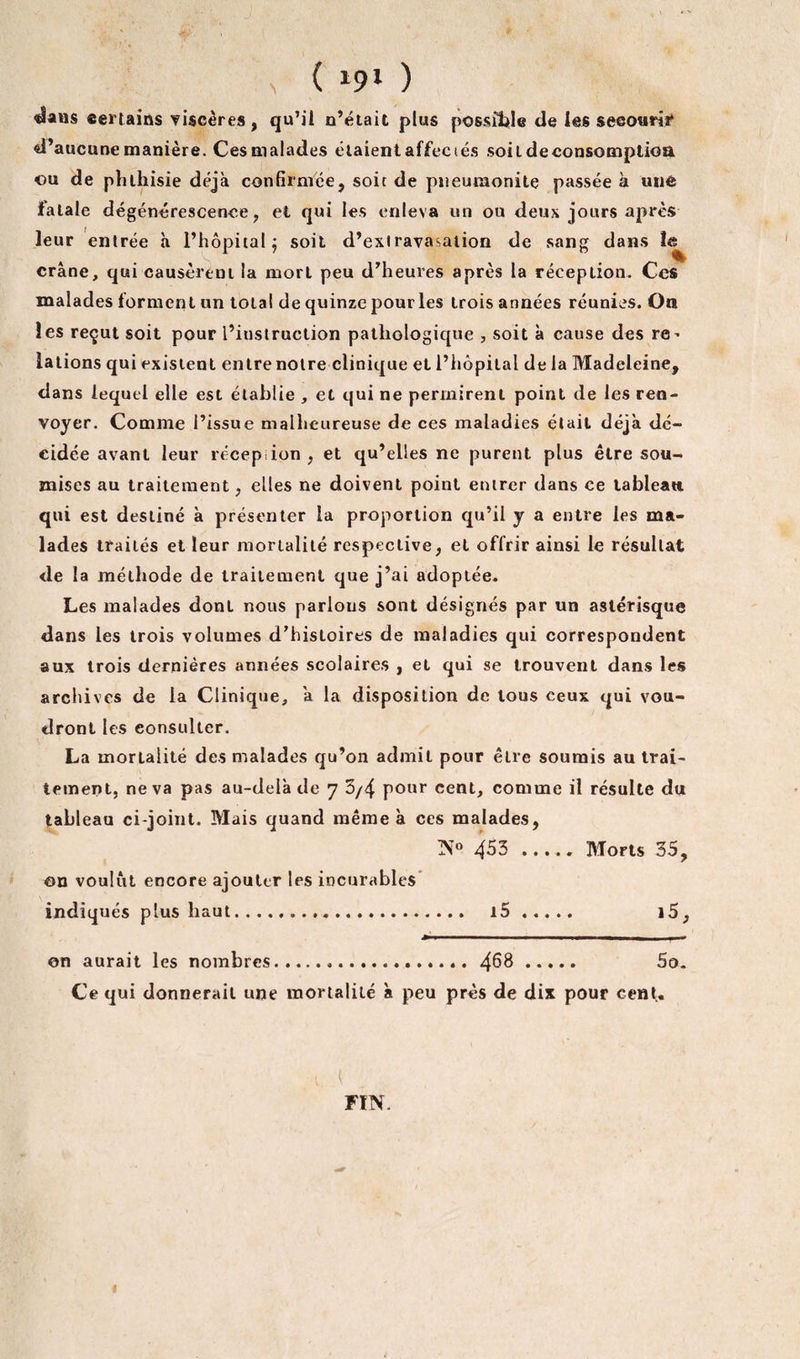 vs ( *9* ) «laus certains viscères, qu’il n’était plus possible de les secourir d’aucune manière. Cesmalades étaient affectés soit de consomption ou de phthisie déjà confirmée, soit de pneumonite passée à une fatale dégénérescence, et qui les enleva un ou deux jours après leur entrée à l’hôpital j soit d’exl ravasation de sang dans crâne, qui causèrent la mort peu d’heures après la réception. Ces malades forment un total de quinze pour les trois années réunies. On les reçut soit pour l’iustruction pathologique , soit à cause des re¬ lations qui existent entre noire clinique et l’hôpital de la Madeleine, dans lequel elle est établie , et qui ne permirent point de les ren¬ voyer. Comme l’issue malheureuse de ces maladies était déjà dé¬ cidée avant leur récep ion , et qu’elles ne purent plus être sou¬ mises au traitement, elles ne doivent point entrer dans ce tableau qui est destiné à présenter la proportion qu’il y a entre les ma¬ lades traités et leur mortalité respective, et offrir ainsi le résultat de la méthode de traitement que j’ai adoptée. Les malades dont nous parlous sont désignés par un astérisque dans les trois volumes d’histoires de maladies qui correspondent aux trois dernières années scolaires , et qui se trouvent dans les archives de la Clinique, a la disposition de tous ceux qui vou¬ dront les consulter. La mortalité des malades qu’on admit pour être soumis au trai¬ tement, ne va pas au-delà de 7 3/4 pour cent, comme il résulte du tableau ci-joint. Mais quand même à ces malades, ]X° 453 ...... Morts 35, on voulut encore ajouter les incurables indiqués plus haut. i5. i5, on aurait les nombres...4^8 5o. Ce qui donnerait une mortalité à peu près de dix pour cent. FIN.