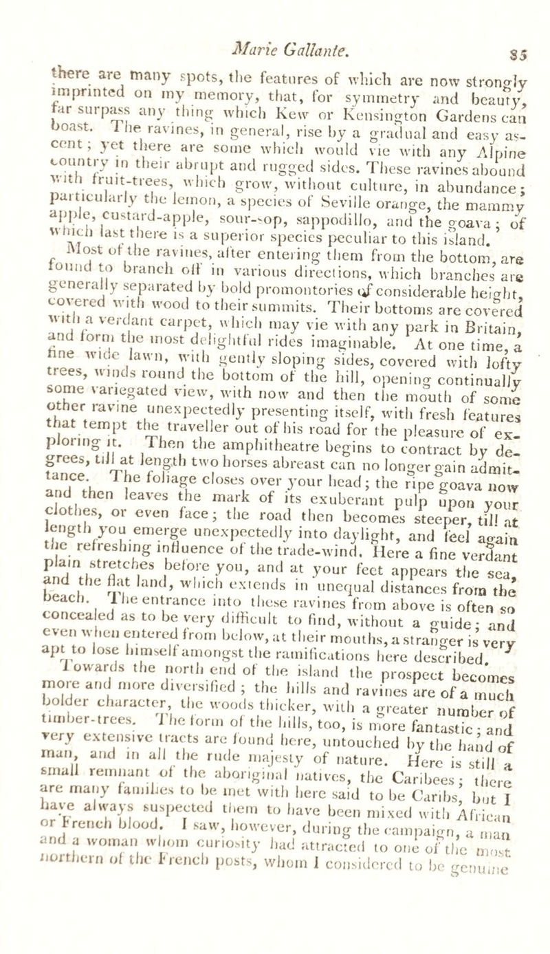 there are many spots, the features of which are now strongly imprinted on my memory, that, for symmetry and beauty, ar surpass any thing which Kew or Kensington Gardens can >oast. i he ravines, m general, rise by a gradual and easy as¬ cent ; yet there are some which would vie with any Alpine counti y in theit abrupt and rugged sides. These ravines abound with fruit-trees which grow, without culture, in abundance; pa 1 ticularly the lemon, a species of Seville orange, the mammy apple, custard-apple, sour-sop, sappodillo, and the goava: of ' ‘‘.J 1 last tllere ls a superior species peculiar to this island. 1 lost of the ravines, alter entering them from the bottom, are found to branch off in various directions, which branches are gene 1 ally separated by bold promontories of considerable height covered with wood to their summits. Their bottoms are covered with a verdant carpet, which may vie with any park in Britain, and form the most delightful rides imaginable. At one time, a tine wine lawn, with gently sloping sides, covered with lofty trees, winds round the bottom of the hill, opening continually >ome \ at legated view, with now and then the mouth of some other ravine unexpectedly presenting itself, with fresh features that tempt the traveller out of his road for the pleasure of ex pJonng it. Then the amphitheatre begins to contract by de¬ grees, tiJJ at length two horses abreast can no longer gain admit- n.ce* oJja!?e c,oses over y°ur head; the ripe goava now and then leaves the mark of its exuberant pulp upon yZ clothes, or even face; the road then becomes steeper, til I at length you emerge unexpectedly into daylight, and feel again the refreshing influence of the trade-wind. Here a fine verdant plain stretches before you, and at your feet appears the sea Belhhe T? lUU WlMCh eXt^nds ,n une(luaI distances from the beach. 1 he entrance into these ravines from above is often so concealed as to be very difficult to find, without a guide; and evenu- ,cn entered from below, llt their mouths, a stranger is very apt to lose hansel! amongst the ramifications here described ^ I owards the north end of the island the prospect becomes more and more d,vers,lied ; the hills and ravines ‘are of a much holder character, the woods thicker, with a greater number of umber, trees. The form of the lulls, too, is nrore fantasdc; and t ry extensive ttacts are lound here, untouched by the hand of man and m all the rude majesty of nature. Here is slill a small remnant ol the aboriginal natives, the Caribees; there are many families to he met with here said to he Caribs but I bate always suspected them to have been mixed with African or French blood I saw, however, during the campaign, a „,a and a woman whom curiosity had attracted to oni of the most northern ol the f tench posts, whom I considered to he genuine