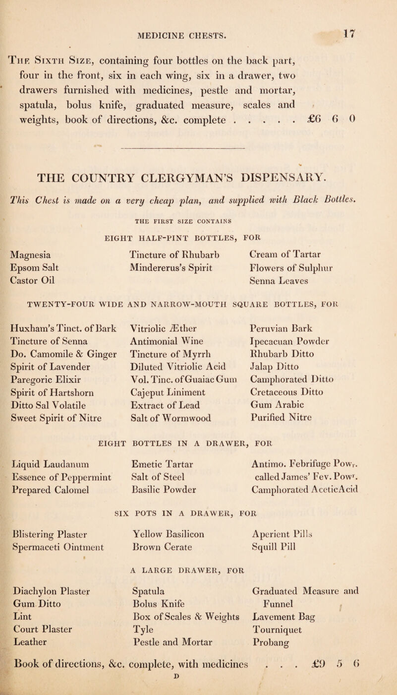 The Sixth Size, containing four bottles on the back part, four in the front, six in each wing, six in a drawer, two drawers furnished with medicines, pestle and mortar, spatula, bolus knife, graduated measure, scales and weights, book of directions, &c. complete.£6 6 0 THE COUNTRY CLERGYMAN’S DISPENSARY. Z’/di' Chest is made on a very cheap plan, and supplied with Black Bottles. THE FIRST SIZE CONTAINS EIGHT HALF-PINT BOTTLES, FOR Tincture of Rhubarb Cream of Tartar Mindererus’s Spirit Flowers of Sulphur Senna Leaves Magnesia Epsom Salt Castor Oil TWENTY-FOUR WIDE AND NARROW-MOUTH SQUARE BOTTLES, FOR Huxham’s Tinct. of Bark Tincture of Senna Do. Camomile & Ginger Spirit of Lavender Paregoric Elixir Spirit of Hartshorn Ditto Sal Volatile Sweet Spirit of Nitre Vitriolic ^ther Antimonial Wine Tincture of Myrrh Diluted Vitriolic Acid Vol. Tine. ofGuaiac Gum Cajeput Liniment Extract of Lead Salt of Wormwood Peruvian Bark Ipecacuan Powder Rhubarb Ditto Jalap Ditto Camphorated Ditto Cretaceous Ditto Gum Arabic Purified Nitre EIGHT BOTTLES IN A DRAWER, FOR Liquid Laudanum Emetic Tartar Essence of Peppermint Salt of Steel Prepared Calomel Basilic Powder Antimo. Febrifuge Powr. called James’ Fev.Pow*. Campliorated AceticAcid SIX POTS IN A DRAWER, FOR Blistering Plaster Spermaceti Ointment Diachylon Plaster Gum Ditto Lint Court Plaster Leather Yellow Basilicon Brown Cerate A LARGE DRAWER, FOR Spatula Bolus Knife Box of Scales ^ Weights Tyle Pestle and Mortar Aperient Pills Squill Pill Graduated Measure and Funnel Lavement Bag Tourniquet Probang ... £9 5 () Book of directions, &c. complete, with medicines D