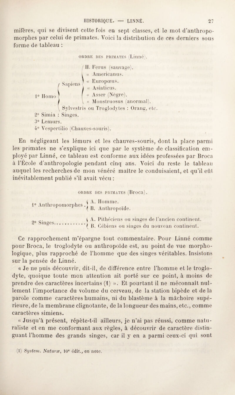 mifères, qui se divisent cette fois en sept classes, et le mot d’anthropo¬ morphes par celui de primates. Voici la distribution de ces derniers sous forme de tableau : ORDRE DES PRIMATES (Linné). H. Férus (sauvage). 1 « American us. c ) « Europœus. / Sapiens . \ [ 1 « Asiaticus. 1» Homo) [ « Asser (Nègre). ! \ « Monstruosus (anormal). \ Sylvestris ou Troglodytes : Orang, etc. 2° Simia : Singes. 3° Lemurs. 4° Vespertilio (Chauves-souris). En négligeant les lémurs et les chauves-souris, dont la place parmi les primates ne s’explique ici que par le système de classification em¬ ployé par Linné, ce tableau est conforme aux idées professées par Broca r à l’Ecole d’anthropologie pendant cinq ans. Voici du reste le tableau auquel les recherches de mon vénéré maître le conduisaient, et qu’il eût inévitablement publié s’il avait vécu : ORDRE DES PRIMATES (BrOCa). 1° Anthropomorphes . \ A. Homme. ( B. Anthropoïde. 2° Singes ^ A. Pithéciens ou singes de l’ancien continent. ( B. Cébiens ou singes du nouvean continent. Ce rapprochement m’épargne tout commentaire. Pour Linné comme pour Broca, le troglodyte ou anthropoïde est, au point de vue morpho¬ logique, plus rapproché de l’homme que des singes véritables. Insistons sur la pensée de Linné. c Je ne puis découvrir, dit-il, de différence entre l’homme et le troglo¬ dyte, quoique toute mon attention ait porté sur ce point, à moins de prendre des caractères incertains (1) ». Et pourtant il ne méconnaît nul¬ lement l’importance du volume du cerveau, de la station bipède et de la parole comme caractères humains, ni du blastème à la mâchoire supé¬ rieure, de la membrane clignotante, de la longueur des mains, etc., comme caractères simiens. « Jusqu’à présent, répète-t-il ailleurs, je n’ai pas réussi, comme natu¬ raliste et en me conformant aux règles, à découvrir de caractère distin¬ guant l’homme des grands singes, car il y en a parmi ceux-ci qui sont (1) System. Naturæ, 10e édit., en note.