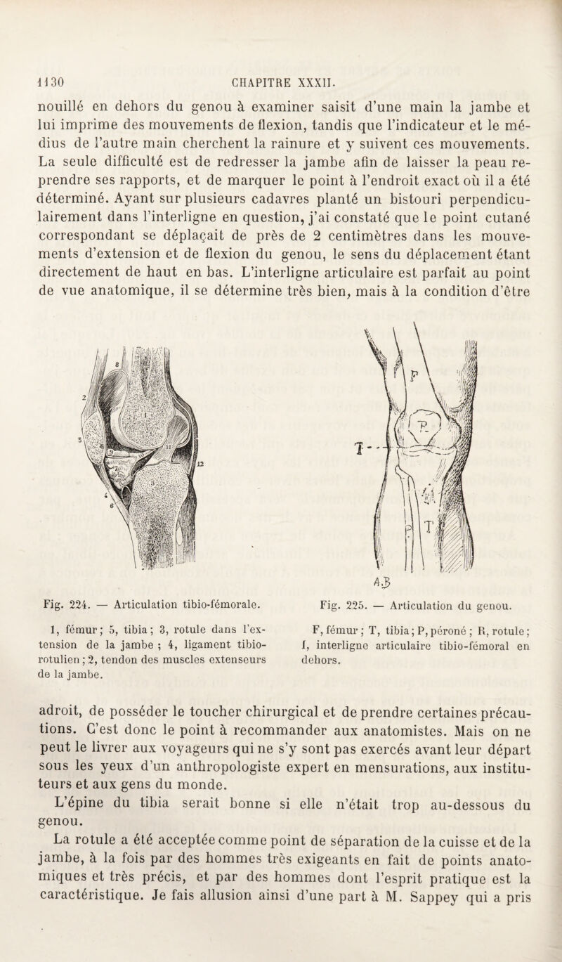 nouillé en dehors du genou à examiner saisit d’une main la jambe et lui imprime des mouvements de flexion, tandis que l’indicateur et le mé¬ dius de l’autre main cherchent la rainure et y suivent ces mouvements. La seule difficulté est de redresser la jambe afin de laisser la peau re¬ prendre ses rapports, et de marquer le point à l’endroit exact où il a été déterminé. Ayant sur plusieurs cadavres planté un bistouri perpendicu¬ lairement dans l’interligne en question, j’ai constaté que le point cutané correspondant se déplaçait de près de 2 centimètres dans les mouve¬ ments d’extension et de flexion du genou, le sens du déplacement étant directement de haut en bas. L’interligne articulaire est parfait au point de vue anatomique, il se détermine très bien, mais à la condition d’être 1, fémur; 5, tibia; 3, rotule dans l’ex- F, fémur; T, tibia ; P, péroné ; R, rotule; tension de la jambe ; 4, ligament tibio- I, interligne articulaire tibio-fémoral en rotulien ; 2, tendon des muscles extenseurs dehors, de la jambe. adroit, de posséder le toucher chirurgical et de prendre certaines précau¬ tions. C’est donc le point à recommander aux anatomistes. Mais on ne peut le livrer aux voyageurs qui ne s’y sont pas exercés avant leur départ sous les yeux d’un anthropologiste expert en mensurations, aux institu¬ teurs et aux gens du monde. L’épine du tibia serait bonne si elle n’était trop au-dessous du genou. La rotule a été acceptée comme point de séparation de la cuisse et de la jambe, à la fois par des hommes très exigeants en fait de points anato¬ miques et très précis, et par des hommes dont l’esprit pratique est la caractéristique. Je fais allusion ainsi d’une part à M. Sappey qui a pris