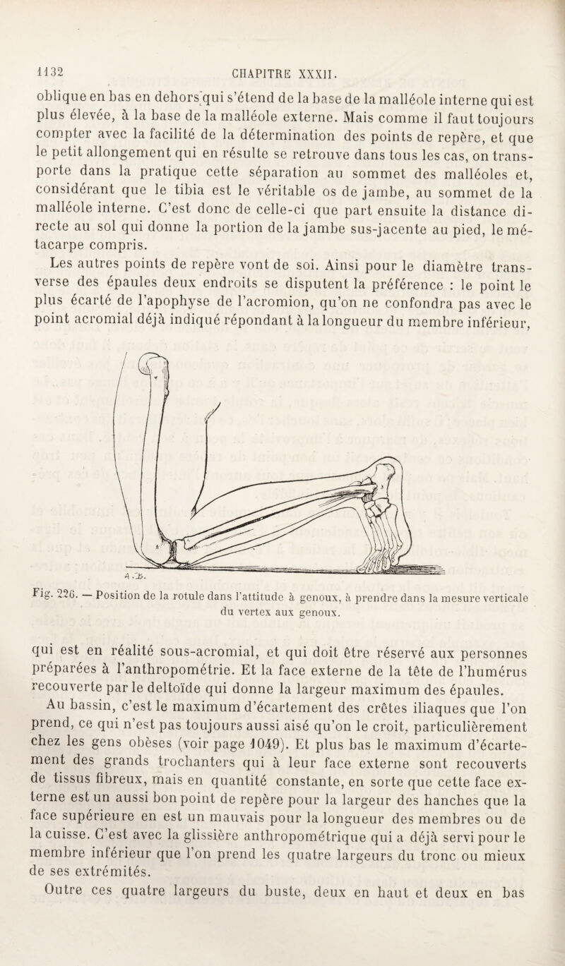 oblique en bas en dehors'qui s’étend delà base de la malléole interne qui est plus élevée, à la base de la malléole externe. Mais comme il faut toujours compter avec la facilité de la détermination des points de repère, et que le petit allongement qui en résulte se retrouve dans tous les cas, on trans¬ porte dans la pratique cette séparation au sommet des malléoles et, considérant que le tibia est le véritable os de jambe, au sommet de la malléole interne. C’est donc de celle-ci que part ensuite la distance di¬ recte au sol qui donne la portion de la jambe sus-jacente au pied, le mé¬ tacarpe compris. Les autres points de repère vont de soi. Ainsi pour le diamètre trans¬ verse des épaules deux endroits se disputent la préférence : le point le plus écarté de l’apophyse de l’acromion, qu’on ne confondra pas avec le point acromial déjà indiqué répondant à la longueur du membre inférieur, Fig. 226. Position de la rotule dans l’attitude à genoux, à prendre dans la mesure verticale du vertex aux genoux. qui est en réalité sous-acromial, et qui doit être réservé aux personnes préparées à l’anthropométrie. Et la face externe de la tête de l’humérus recouverte parle deltoïde qui donne la largeur maximum des épaules. Au bassin, c’est le maximum d’écartement des crêtes iliaques que l’on prend, ce qui n’est pas toujours aussi aisé qu’on le croit, particulièrement chez les gens obèses (voir page 1049). Et plus bas le maximum d’écarte¬ ment des grands trochanters qui à leur face externe sont recouverts de tissus fibreux, mais en quantité constante, en sorte que cette face ex¬ terne est un aussi bon point de repère pour la largeur des hanches que la face supérieure en est un mauvais pour la longueur des membres ou de la cuisse. C’est avec la glissière anthropométrique qui a déjà servi pour le membre inférieur que l’on prend les quatre largeurs du tronc ou mieux de ses extrémités. Outre ces quatre largeurs du buste, deux en haut et deux en bas