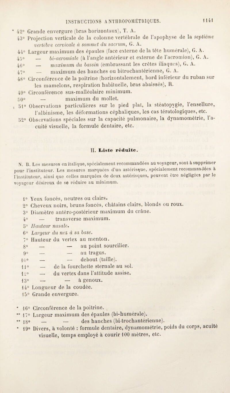 * 42° Grande envergure (bras horizontaux), T. A. 43° Projection verticale de la colonne vertébrale de l’apophyse de la septième vertèbre cervicale à sommet du sacrum, G. A. 44° Largeur maximum des épaules (face externe de la tête humérale), G. A. 450 — bi-acromiale (à l’angle antérieur et externe de 1 acromion), G. A. 4(50 _ maximum du bassin (embrassant les crêtes iliaques), G. A. 470 — maximum des hanches ou bitrochantérienne, G. A. 48° Circonférence de la poitrine (horizontalement, bord inférieur du ruban sur les mamelons, respiration habituelle, bras abaissés), R. 49° Circonférence sus-malléolaire minimum. 50° — maximum du mollet. . 5i° Observations particulières sur le pied plat, la stéatopvgie, l’ensellure, l’albinisme, les déformations céphaliques, les cas tératologiques, etc. 52° Observations spéciales sur la capacité pulmonaire, la dynamométrie, l’a¬ cuité visuelle, la formule dentaire, etc. II. liiste réduite. N. B. Les mesures en italique, spécialement recommandées au voyageur, sont à supprimer pour l’instituteur. Les mesures marquées d’un astérisque, spécialement recommandées à l’instituteur, ainsi que celles marquées de deux astérisques, peuvent être négligées par le voyageur désireux de se réduire au minimum. 1° Yeux foncés, neutres ou clairs. 2° Cheveux noirs, bruns foncés, châtains clairs, blonds ou roux. 3° Diamètre antéro-postérieur maximum du crâne. 4° — transverse maximum. 5° Hauteur nasale. 6° Largeur du nez. à sa base. 7° Hauteur du vertex au menton, go — — au point sourcilier. 90 — — au tragus. 10° — — debout (taille). \[o _ de ia fourchette sternale au sol. 12° — du vertex dans l’attitude assise. 130 — — à genoux. 14° Longueur de la coudée. 15° Grande envergure. * 16° Circonférence de la poitrine. ** 17° Largeur maximum des épaules (bi-humérale). ** Igo — — des hanches (bi-trochantérienne). * 19° Divers, à volonté : formule dentaire, dynamométrie, poids du corps, acuité visuelle, temps employé à courir 100 mètres, etc.