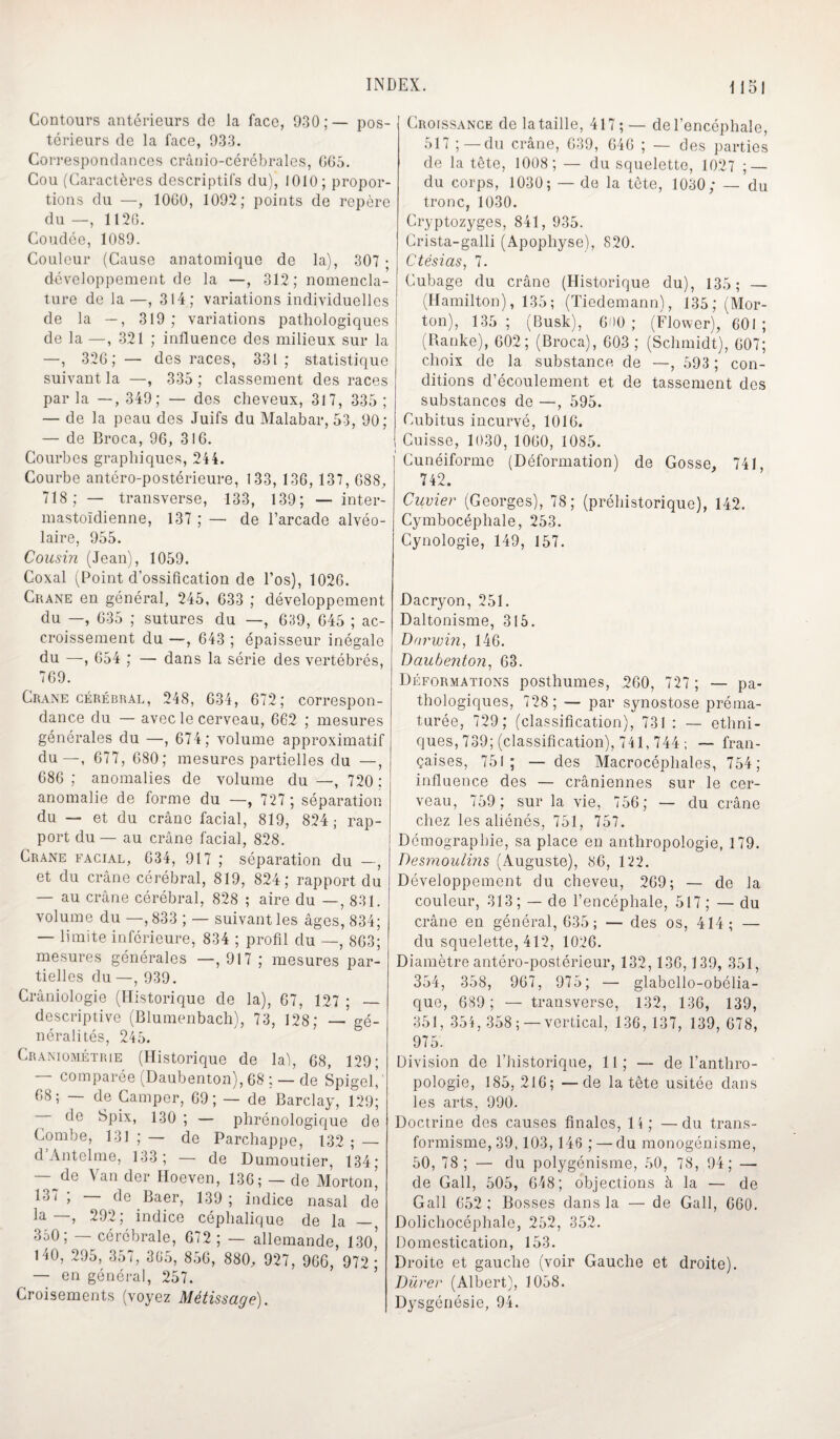 Contours antérieurs de la face, 930;— pos¬ térieurs de la face, 933. Correspondances crânio-cérébrales, G65. Cou (Caractères descriptifs du), 1010; propor¬ tions du —, 1060, 1092; points de repère du —, 1126. Coudée, 1089. Couleur (Cause anatomique de la), 307 • développement de la —, 312; nomencla¬ ture de la—, 314; variations individuelles de la —, 319; variations pathologiques de la —, 321 ; influence des milieux sur la —, 326; — des races, 331 ; statistique suivant la —, 335 ; classement des races par la —, 349; — des cheveux, 317, 335 ; — de la peau des Juifs du Malabar, 53, 90; — de Broca, 96, 316. Courbes graphiques, 244. Courbe antéro-postérieure, 133, 136, 137, 688, 718; — transverse, 133, 139; — inter¬ mastoïdienne, 137 ; — de l’arcade alvéo¬ laire, 955. Cousin (Jean), 1059. Coxal (Point d’ossification de l’os), 1026. Crâne en général, 245, 633 ; développement du —, 635 ; sutures du —, 689, 645 ; ac¬ croissement du —, 643 ; épaisseur inégale du —, 654 ; — dans la série des vertébrés, 769. Crâne cérébral, 248, 634, 672; correspon¬ dance du — avec le cerveau, 662 ; mesures générales du —, 674; volume approximatif du—, 677, 680; mesures partielles du —, 686 ; anomalies de volume du —, 720 : anomalie de forme du —, 727 ; séparation du — et du crâne facial, 819, 824 ; rap¬ port du— au crâne facial, 828. Crâne facial, 634, 917 ; séparation du —, et du crâne cérébral, 819, 824; rapport du — au crâne cérébral, 828 ; aire du —, 831. volume du —, 833 ; — suivant les âges, 834; — limite inférieure, 834 ; profil du —, 863; mesures générales —, 917 ; mesures par¬ tielles du —, 939. Crâniologie (Historique de la), 67, 127 ; _ descriptive (Blumenbach), 73, 128; — gé¬ néralités, 245. Craniométrie (Historique de la), 68, 129; — comparée (Daubenton), 68 ; — de Spigel,' 68; — de Camper, 69; — de Barclay, 129; de Spix, 130 ; — phrénologique de Combe, 131 ; — de Parchappe, 132 ; — d Antelme, 133; — de Dumoutier, 134; - de Van der Hoeven, 136; — de Morton’ 137; — de Baer, 139; indice nasal de la—, 292; indice céphalique de la —, 3o0; — cérébrale, 672 ; — allemande, 130,’ 140, 295, 357, 305, 856, 880, 927, 966, 972 • — en général, 257. Croisements (voyez Métissage). Croissance de la taille, 417; — de l’encéphale, 517 ;— du crâne, 639, 646 ; — des parties de la tête, 1008; — du squelette, 1027 ; — du corps, 1030; — de la tête, 1030; — du tronc, 1030. Cryptozyges, 841, 935. Crista-galli (Apophyse), 820. Ctésias, 7. Cubage du crâne (Historique du), 135; — (Hamilton), 135; (Tiedemann), 135; (Mor¬ ton), 135; (Busk), 6U0 ; (Flower), 601; (Banke), 602; (Broca), 603 ; (Schmidt), 607; choix de la substance de —, 593 ; con¬ ditions d’écoulement et de tassement des substances de —, 595. Cubitus incurvé, 1016. Cuisse, 1030, 1060, 1085. Cunéiforme (Déformation) de Gosse, 741, 742. Cuvier (Georges), 78; (préhistorique), 142. Cymbocéphale, 253. Cynologie, 149, 157. Dacryon, 251. Daltonisme, 315. Darwin, 146. Daubenton, 63. Déformations posthumes, 260, 727 ; — pa¬ thologiques, 728; — par synostose préma¬ turée, 729 ; (classification), 731 : — ethni¬ ques, 739; (classification), 741, 744 ; — fran¬ çaises, 751; — des Macrocéphales, 754 ; influence des — crâniennes sur le cer¬ veau, 759 ; sur la vie, 756; — du crâne chez les aliénés, 751, 757. Démographie, sa place en anthropologie, 179. Desmoulins (Auguste), 86, 122. Développement du cheveu, 269; — de la couleur, 313; — de l’encéphale, 517 ; — du crâne en général, 635; — des os, 414; — du squelette, 412, 1026. Diamètre antéro-postérieur, 132,136,139, 351, 354, 358, 967, 975; — glabello-obélia- que, 689; — transverse, 132, 136, 139, 351, 354, 358; —vertical, 136, 137, 139, 678, 975. Division de l’historique, 11 ; — de l’anthro¬ pologie, 185, 216; —de la tête usitée dans les arts, 990. Doctrine des causes finales, 14 ; —du trans¬ formisme, 39,103,146 ; — du monogénisme, 50, 78; — du polygénisme, 50, 78, 94; — de Gall, 505, 648; objections à la — de Gall 652; Bosses dans la — de Gall, 660. Dolichocéphale, 252, 352. Domestication, 153. Droite et gauche (voir Gauche et droite). Dürer (Albert), 1058. Dysgénésie, 94.