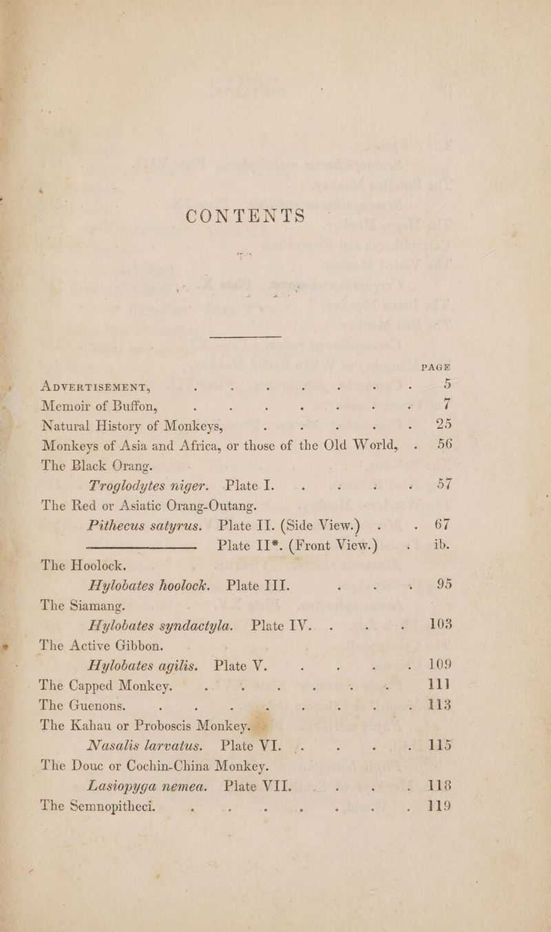 CONTENTS ADVERTISEMENT, Memoir of Buffon, ; Natural History of Monkeys, Monkeys of Asia and Africa, or those of the Old World, The Black Orang. Troglodytes niger. Plate I. The Red or Asiatic Orang-Outang. Pithecus satyrus. Plate II. (Side View.) Plate I1*. (Front View.) The Hoolock. ' Hylobates hoolock. Plate IIT. The Siamang. Hylobates syndactyla. Plate IV. Hylobates agilis. Plate V. The Guenons. The Kahau or Proboscis ] Monkeys Ab Nasalis larvatus. Plate VI. Lasiopyga nemea. Piate VII. The Semnopitheci.