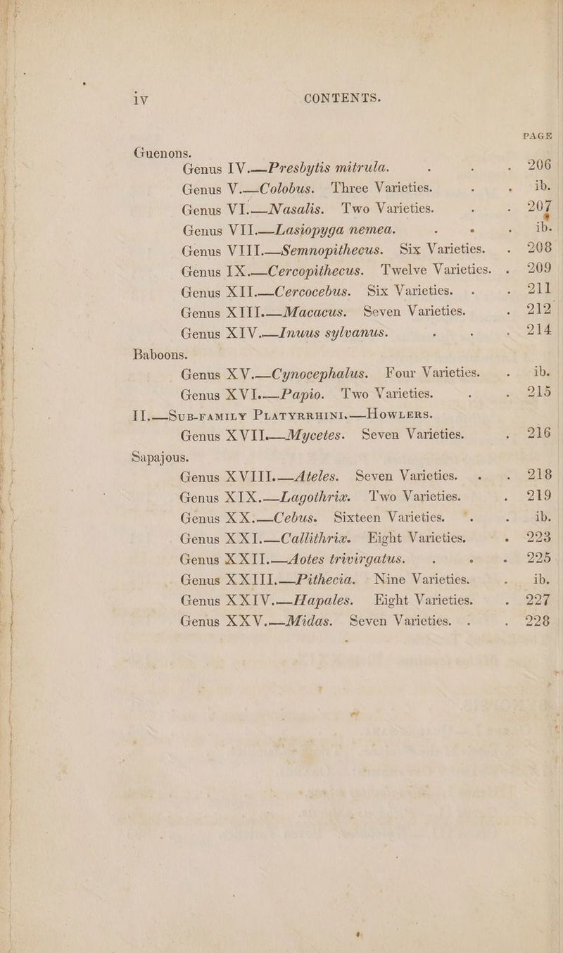 Se aaa tl il ge en eee eee RI Pe ee hae i ee ee  wv - v %. 1V CONTENTS. Guenons. Genus 1V.—Presbytis mitrula. Genus V.—Colobus. Three Varieties. Genus V1.—Nasalis. Two Varieties. Genus VII.—Lasiopyga nemea. Genus XIV.—Jnuus sylvanus. Baboons. Genus XVI.—Papio. Two Varieties. I].—Sus-ramity PLatyrruini.—How .ers. Sapajous. Genus X XII.—Aotes trivirgatus.