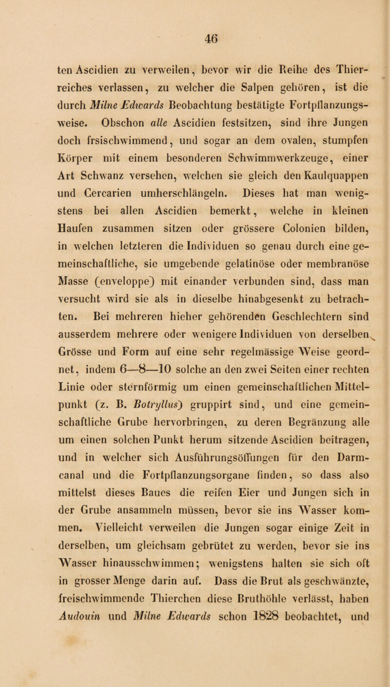 ten Ascidien zu verweilen, bevor wir die Reihe des Thier- reiches verlassen, zu welcher die Salpen gehören, ist die durch Milne Edwards Beobachtung bestätigte Fortpflanzungs¬ weise. Obschon alle Ascidien festsitzen, sind ihre Jungen doch frsischwimmend, und sogar an dem ovalen, stumpfen Körper mit einem besonderen Schwimmwerkzeuge, einer Art Schwanz versehen, welchen sie gleich den Kaulquappen und Cercarien umherschlängeln. Dieses hat man wenig¬ stens bei allen Ascidien bemerkt, welche in kleinen Haufen zusammen sitzen oder grössere Colonien bilden, in welchen letzteren die Individuen so genau durch eine ge¬ meinschaftliche, sie umgebende gelatinöse oder membranöse Masse (enveloppe) mit einander verbunden sind, dass man versucht wird sie als in dieselbe hinabgesenkt zu betrach¬ ten. Bei mehreren hieher gehörenden Geschlechtern sind ausserdem mehrere oder wenigere Individuen von derselben Grösse und Form auf eine sehr regelmässige Weise geord¬ net, indem 6—8—10 solche an den zwei Seiten einer rechten Linie oder sternförmig um einen gemeinschaftlichen Mittel¬ punkt (z. B. Bolryllus') gruppirt sind, und eine gemein¬ schaftliche Grube hervorbringen, zu deren Begränzung alle um einen solchen Punkt herum sitzende Ascidien beitragen, und in welcher sich AusführungsötTungen für den Darm¬ canal und die Fortpflanzungsorgane finden, so dass also mittelst dieses Baues die reifen Eier und Jungen sich in der Grube ansammeln müssen, bevor sie ins Wasser kom¬ men. Vielleicht verweilen die Jungen sogar einige Zeit in derselben, um gleichsam gebrütet zu werden, bevor sie ins Wasser hinausschwimmen; wenigstens halten sie sich oft in grosser Menge darin auf. Dass die Brut als geschwänzte, freischwimmende Thierchen diese Bruthöhle verlässt, haben Audouin und Milne Edwards schon 1828 beobachtet, und