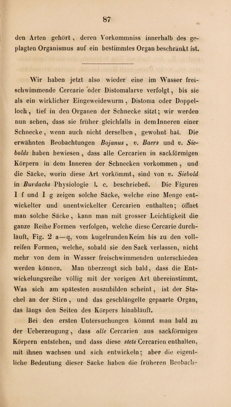 den Arten gehört, deren Vorkommniss innerhalb des ge¬ plagten Organismus auf ein bestimmtes Organ beschrankt ist. Wir haben jetzt also wieder eine im Wasser frei¬ schwimmende Cercarie oder Distomalarve verfolgt, bis sie als ein wirklicher Eingeweidewurm , Distoma oder Doppel¬ loch, tief in den Organen der Schnecke sitzt; wir werden nun sehen, dass sie früher gleichfalls in dem Inneren einer Schnecke, wenn auch nicht derselben , gewohnt hat. Die erwähnten Beobachtungen Bojanus , v. Baers und v. Sie- bolds haben bewiesen , dass alle Cercarien in sackförmigen Körpern in dem Inneren der Schnecken verkommen , und die Säcke, worin diese Art vorkömmt, sind von v. Siebold in Burdachs Physiologie 1. c. beschrieben. Die Figuren 1 f und 1 g zeigen solche Säcke, wTelche eine Menge ent¬ wickelter und unentwickelter Cercarien enthalten; öffnet man solche Säcke , kann man mit grosser Leichtigkeit die ganze Reihe Formen verfolgen, welche diese Cercarie durch¬ läuft, Fig. 2 a—q, vom kugelrunden Keim bis zu den voll- reifen Formen, welche, sobald sie den Sack verlassen, nicht mehr von dem in Wasser freischwimmenden unterschieden werden können. Man überzeugt sich bald, dass die Ent¬ wickelungsreihe völlig mit der vorigen Art übereinstimmt. Was sich am spätesten auszubilden scheint, ist der Sta¬ chel an der Stirn , und das geschlängelte gepaarte Organ, das längs den Seiten des Körpers hinabläuft. Bei den ersten Untersuchungen kömmt man bald zu der Ueberzeugung, dass alle Cercarien aus sackförmigen Körpern entstehen, und dass diese stets Cercarien enthalten, mit ihnen wachsen und sich entwickeln; aber die eigent¬ liche Bedeutung dieser Säcke haben die früheren Beobach-