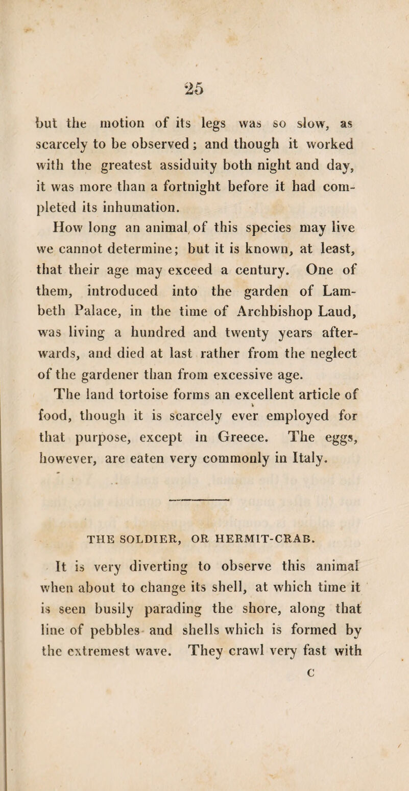 but the motion of its legs was so slow, as scarcely to be observed; and though it worked with the greatest assiduity both night and day, it was more than a fortnight before it had com¬ pleted its inhumation. How long an animal of this species may live we cannot determine; but it is known, at least, that their age may exceed a century. One of them, introduced into the garden of Lam¬ beth Palace, in the time of Archbishop Laud, was living a hundred and twenty years after¬ wards, and died at last rather from the neglect of the gardener than from excessive age. The land tortoise forms an excellent article of food, though it is scarcely ever employed for that purpose, except in Greece. The eggs, however, are eaten very commonly in Italy. THE SOLDIER, OR HERMIT-CRAB. It is very diverting to observe this animal when about to change its shell, at which time it is seen busily parading the shore, along that line of pebbles and shells which is formed by the extremest wave. They crawl very fast with C
